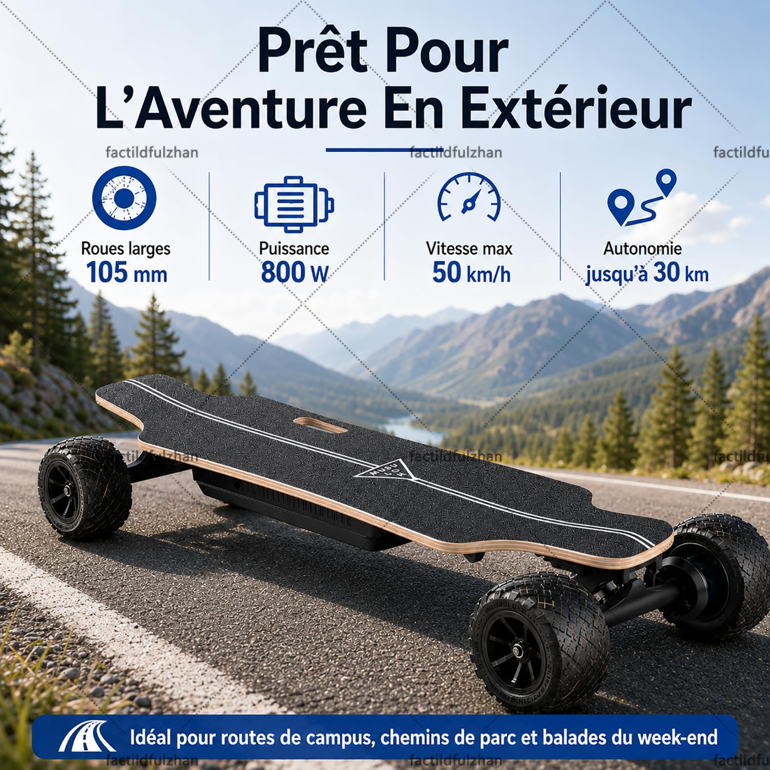 Longboard Électrique Adulte, Skateboard Électrique Grandes Roues 105 mm avec Double Entraînement, Télécommande LCD, 4 Modes, 4 Niveaux de Freinage, Plateau Érable 83 x 21 cm, Charge 150 kg