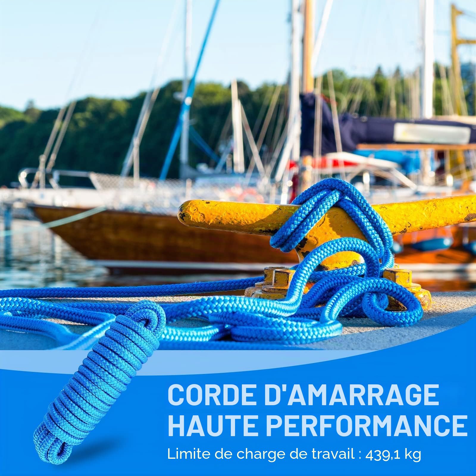 BOOMSTART Lot de 4 cordes d'amarrage de bateau de 12 mm avec œillet en nylon double tressé, diamètre 12 mm, longueur : 6,1 m, œil 30,48 cm, charge de rupture : 2240 kg, bleu