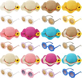24 Pcs Summer Straw Hat Bulk for Girls Kids Large Brim Sunflower Beach Hat Flower Sun Beach Straw Woven Hat with Flower Round Sunglasses for Travel Beach Outdoor Activities, 12 Colors Multicolored