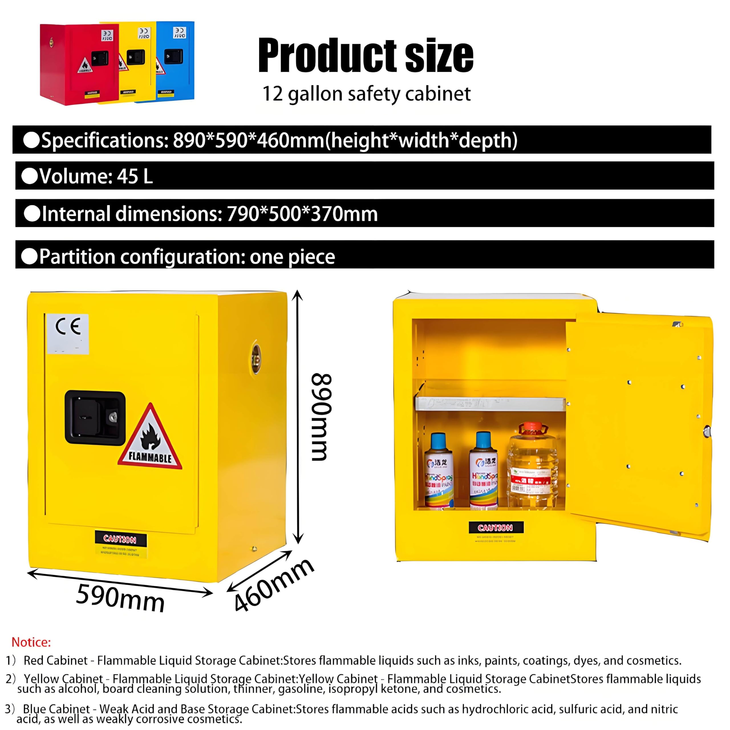 Armario de Seguridad para Materiales inflamables, para Almacenamiento de Productos químicos, de Acero ignífugo de Doble Capa con Estante Ajustable y Sistema de Cierre de 3 Puntos.