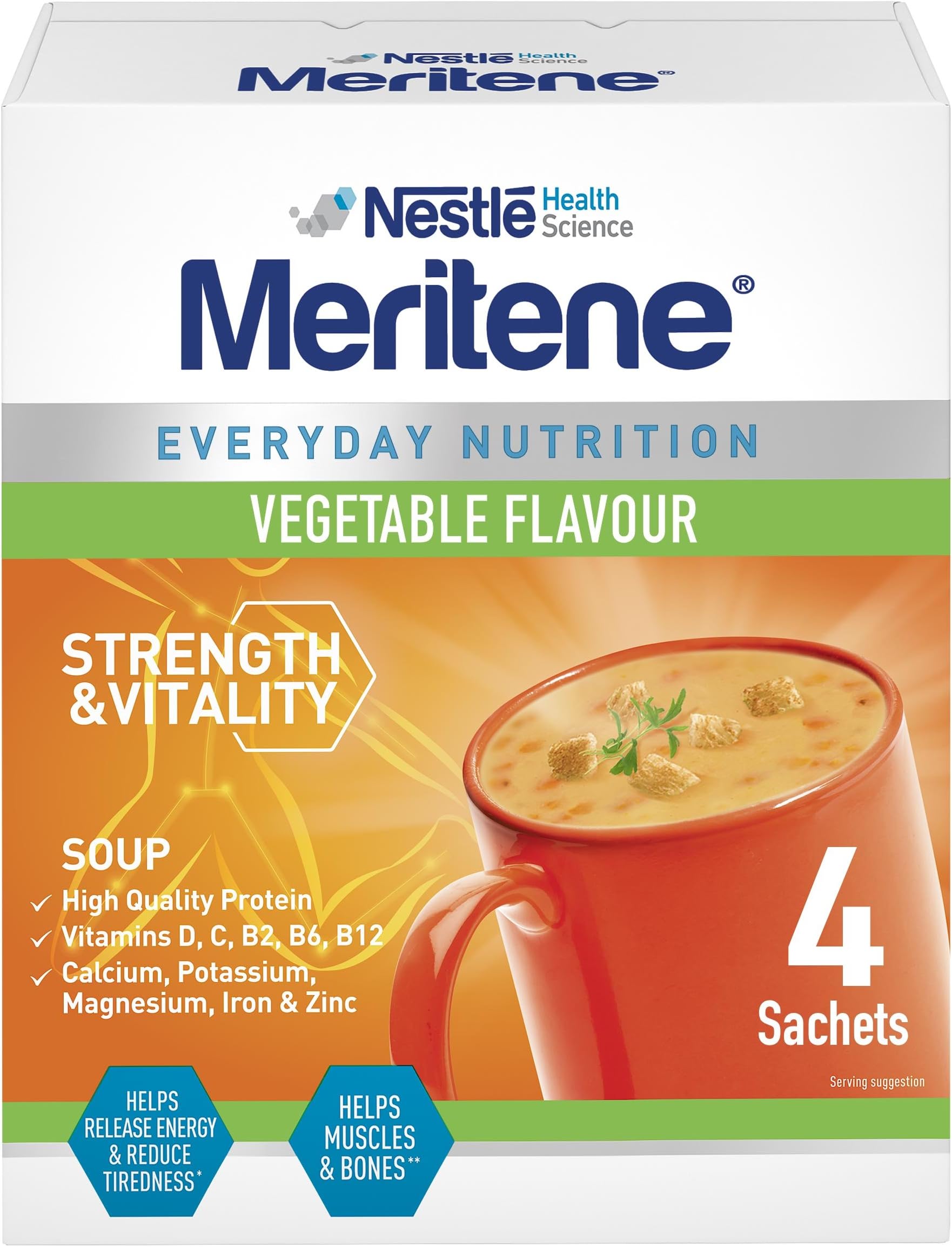 Meritene Strength and Vitality Vegetable Soup, 50g Sachets, Pack of 4 (Contains Protein, Calcium, Vitamin D, Zinc, Iron, Vitamin B2, B6 & C. To help reduce fatigue & release energy)