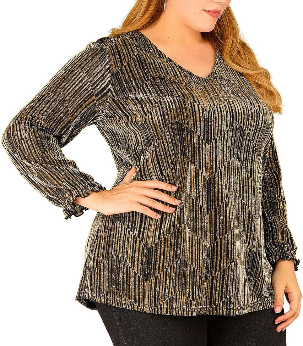 Agnes Orinda Women's Plus Size Top Metallic Party Glitter Long Sleeve Shiny Disco Sparkle Tops