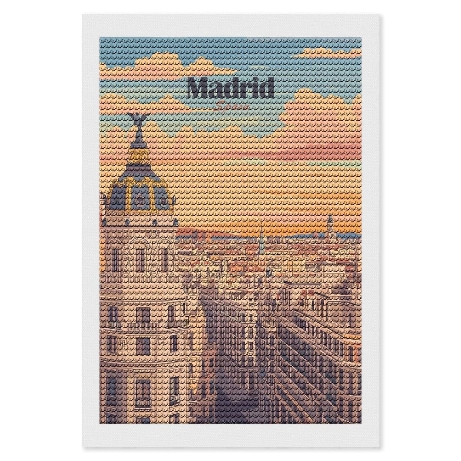 Junmoney Madrid, Spain Cityscape Illustration Diamond Painting Set 8"x12", Full Kit Included, Sparkling Round Gems, Farmhouse Decor, Festive Craft Gift