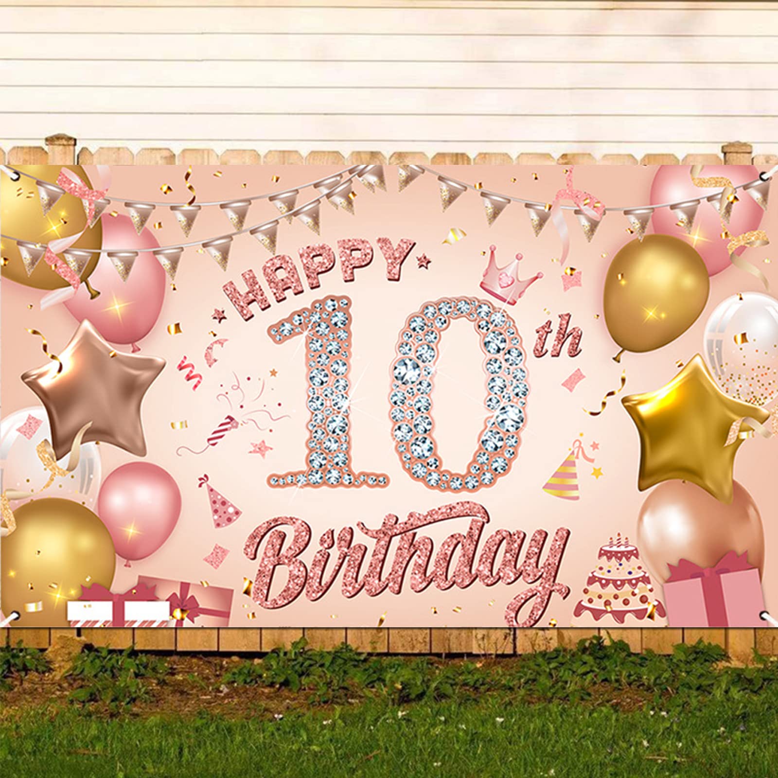 10. Geburtstag Hintergrund-Banner 180x110 Cm – Roségold Mit Luftballons & Konfetti, Inkl. Ösen Für Wanddekoration