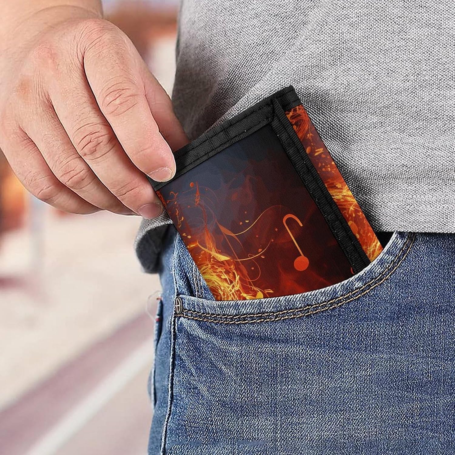 Trifold Canvas Wallet with Keychain, Modern Fashion Credit Card Holder Wallet for Men Women, Red Flame Music Note Slim Wallets W/Zipper Coin Pocket, Novelty Birthday Gift