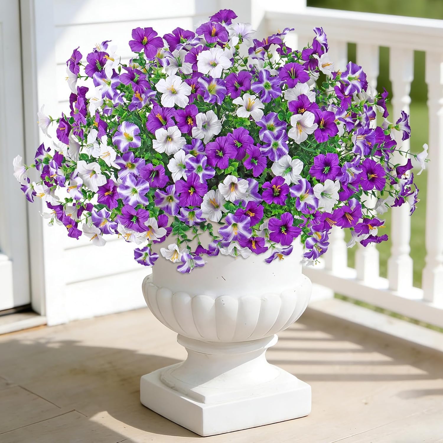 Weldomcor 12 Bundles Artificial Flowers for Outdoor, UV Resistant Fake Silk Morning Glory Flowers Faux Greenery Plastic Petunia Spring Summer Decor for Front Door Planter Porch Patio Yard Purple White