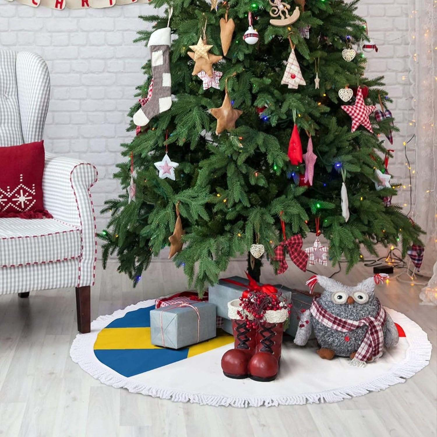 Flag of Indonesia and Sweden Funny Christmas Tree Skirt with Tassels Mat Decorations Under Xmas Trees