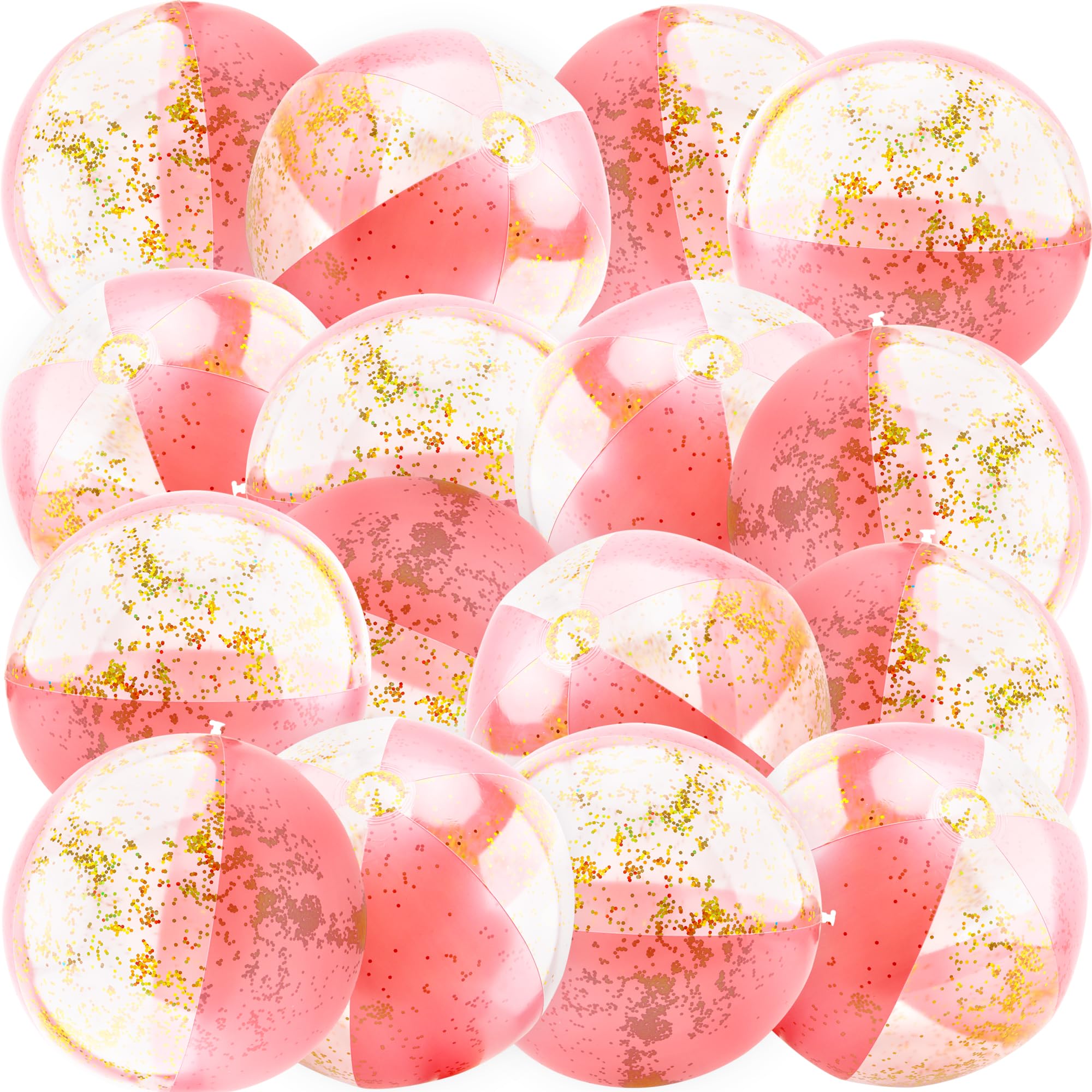 16 Pack 16 Inch Inflatable Glitter Beach Ball Blow Up Clear Beach Ball Confetti Beach Sand Balls for Kids Summer Beach Pool Toys Hawaii Theme Party Favors (Pink)