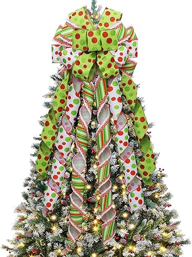 Miniatura 9 de Svnntaa Decoración para árbol de Navidad, lazo hecho a mano, grande, verde, para árbol de Navidad, 44 x 13 pulgadas, lazo de regalo de punto rojo y