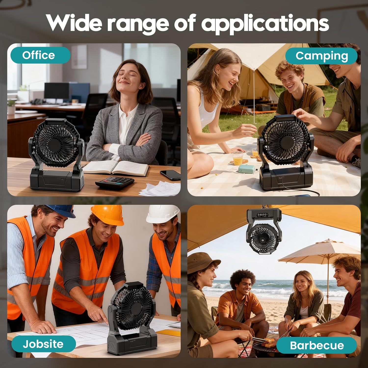 XZK Camping Fan, 20000mAh Rechargeable Battery Powered Fan, Portable Cordless Desk Fan with 4 Speeds 3 Timer, 2 LED Light, USB C Charging, Hanging Hook for Home Office Travel Tent - Dark Black