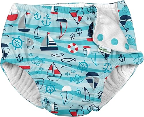 i play by green sprouts - Pañal de natación reutilizable para niños y bebés Pañal de natación reutilizable 12 mes Aqua Wavy náutico