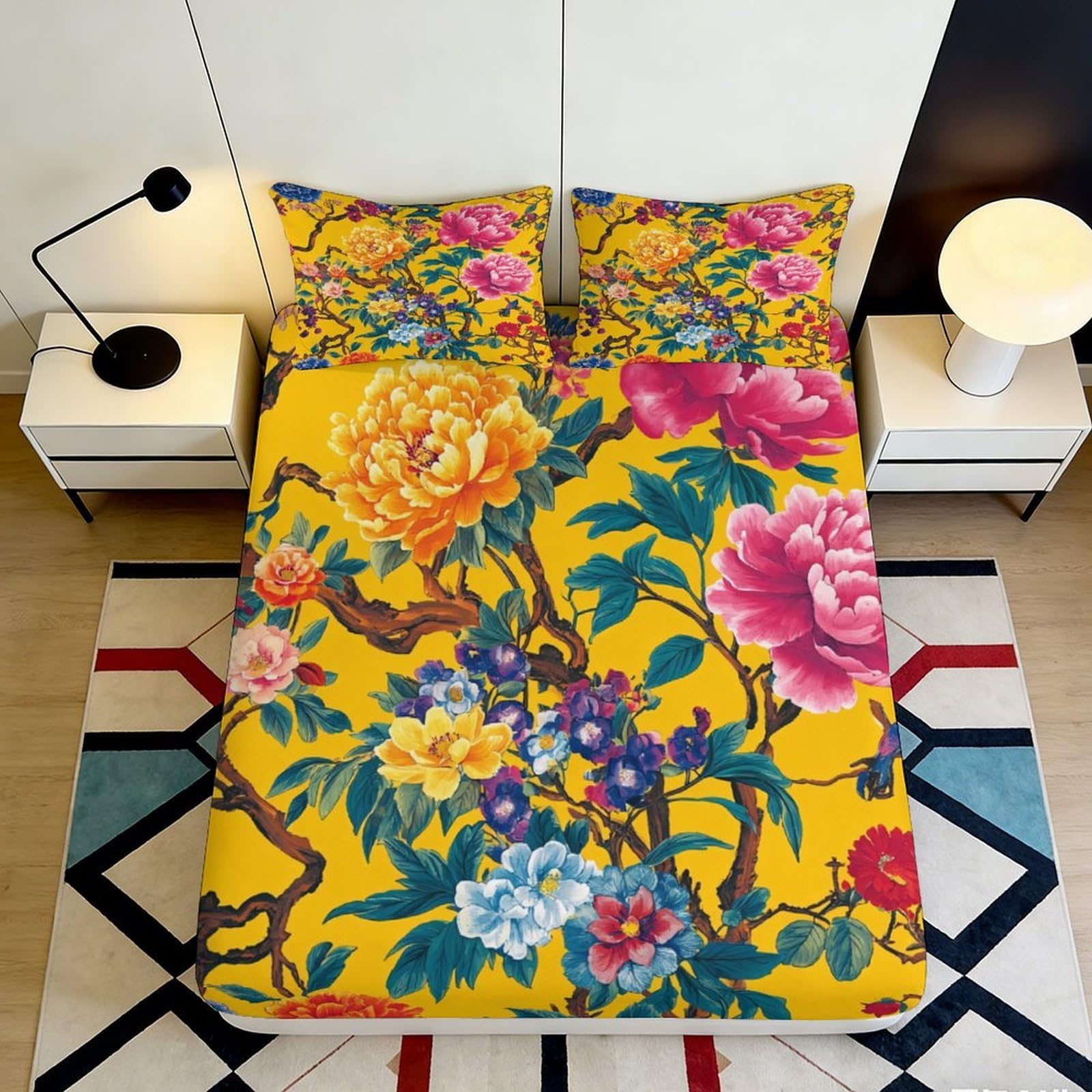Pnayamiorkfel Style-4 3D Printed Peony Floral Fitted Sheet Microfiber Soft Yellow Botanical Mattress Cover For Bedroom Guest Room Decor 90X200x25cm