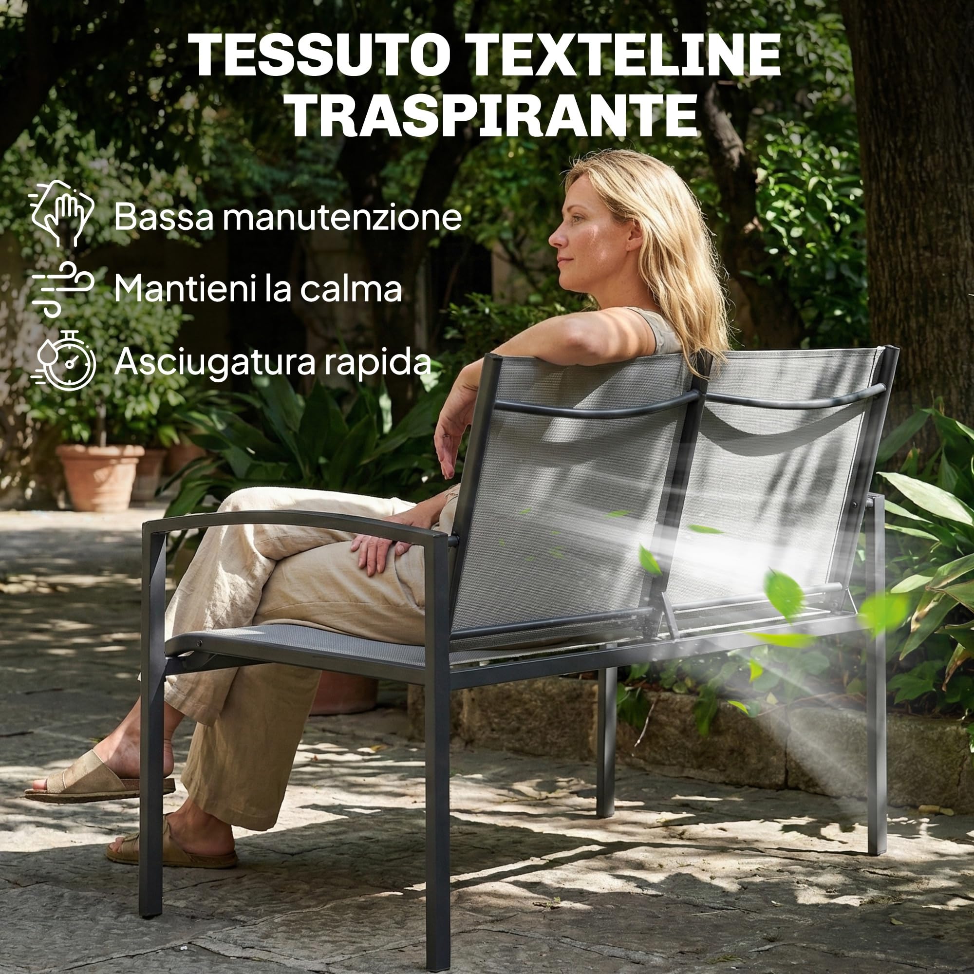 Outsunny Panchina da Giardino da 2 Posti in Texteline, Panchina da Esterno con Braccioli Curvi in Metallo, Panca per Terrazza Patio e Cortile, Balcone, 112x66x80cm, Grigio