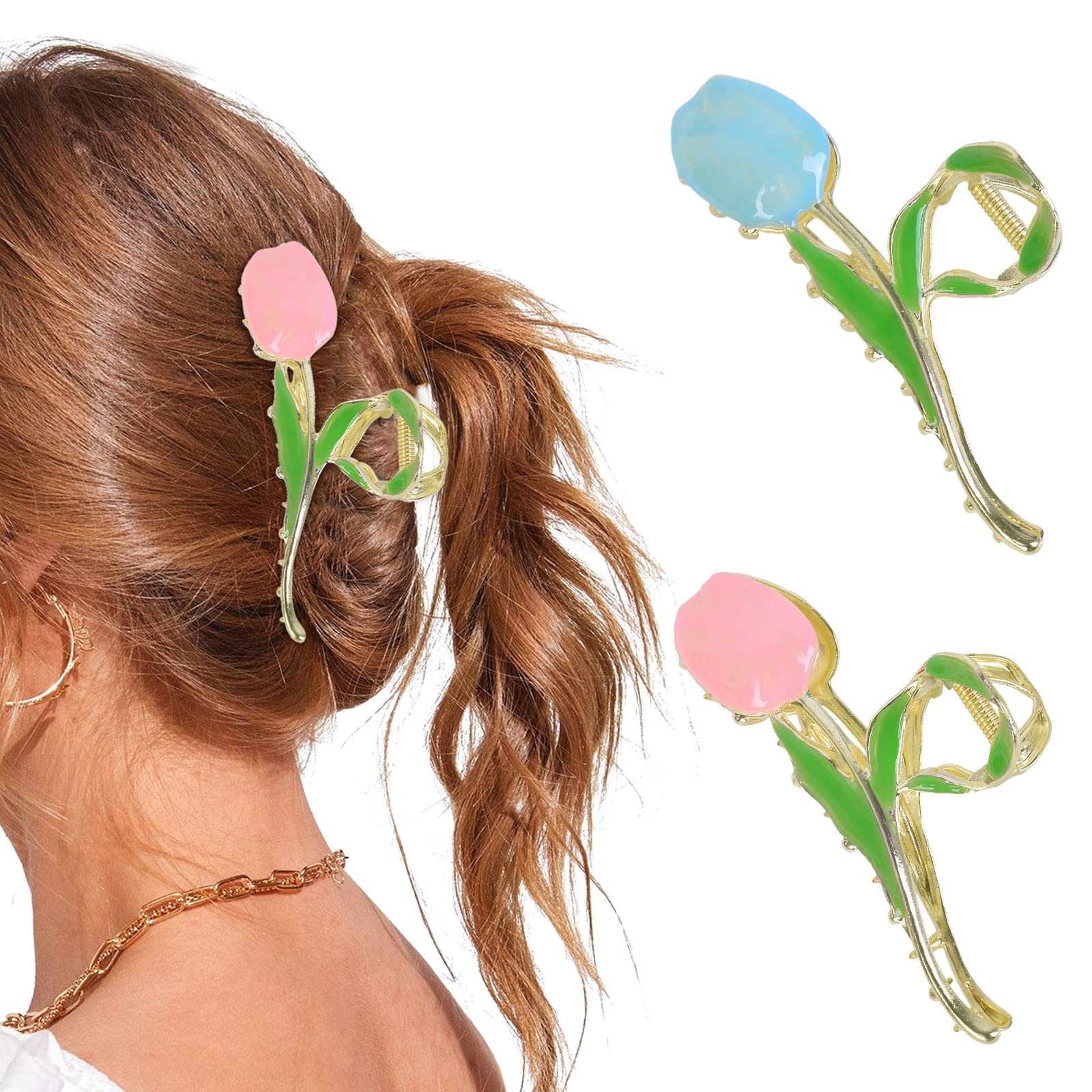 Photo 1 of (pack of 2)Flower Hair Claw Clips for Women, 2Pcs Large Tulip Non-Slip Strong Metal Hair Clips Muticolor Hold Hair Jaw Clips Acetate Hair Claws Big Butterfly Clips Cute Hair Clips Headwear Gifts