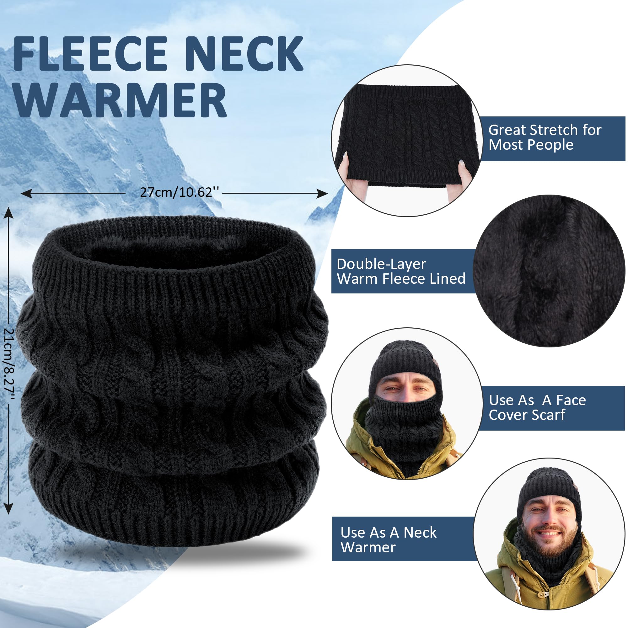 Bequemer Laden Męska zimowa czapka beanie, rękawiczki do ekranów dotykowych, szal, zestaw z polarową podszewką, czapka z dzianiny, czapka zimowa, komin, rękawiczki zimowe, czarny, jeden rozmiar