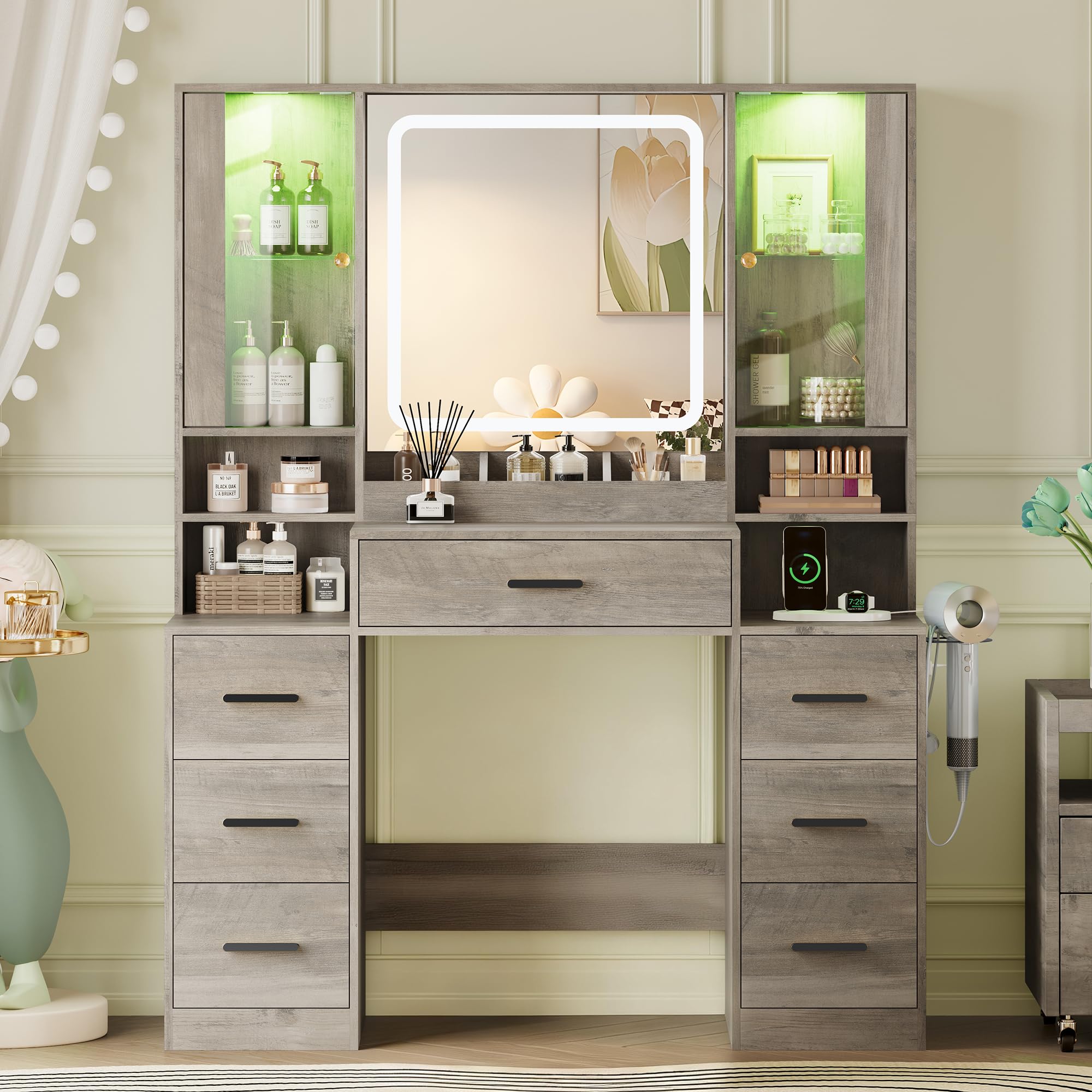 HUANLEGO Makeup Vanity Desk with Mirror and LED Lights for Girls, Grey