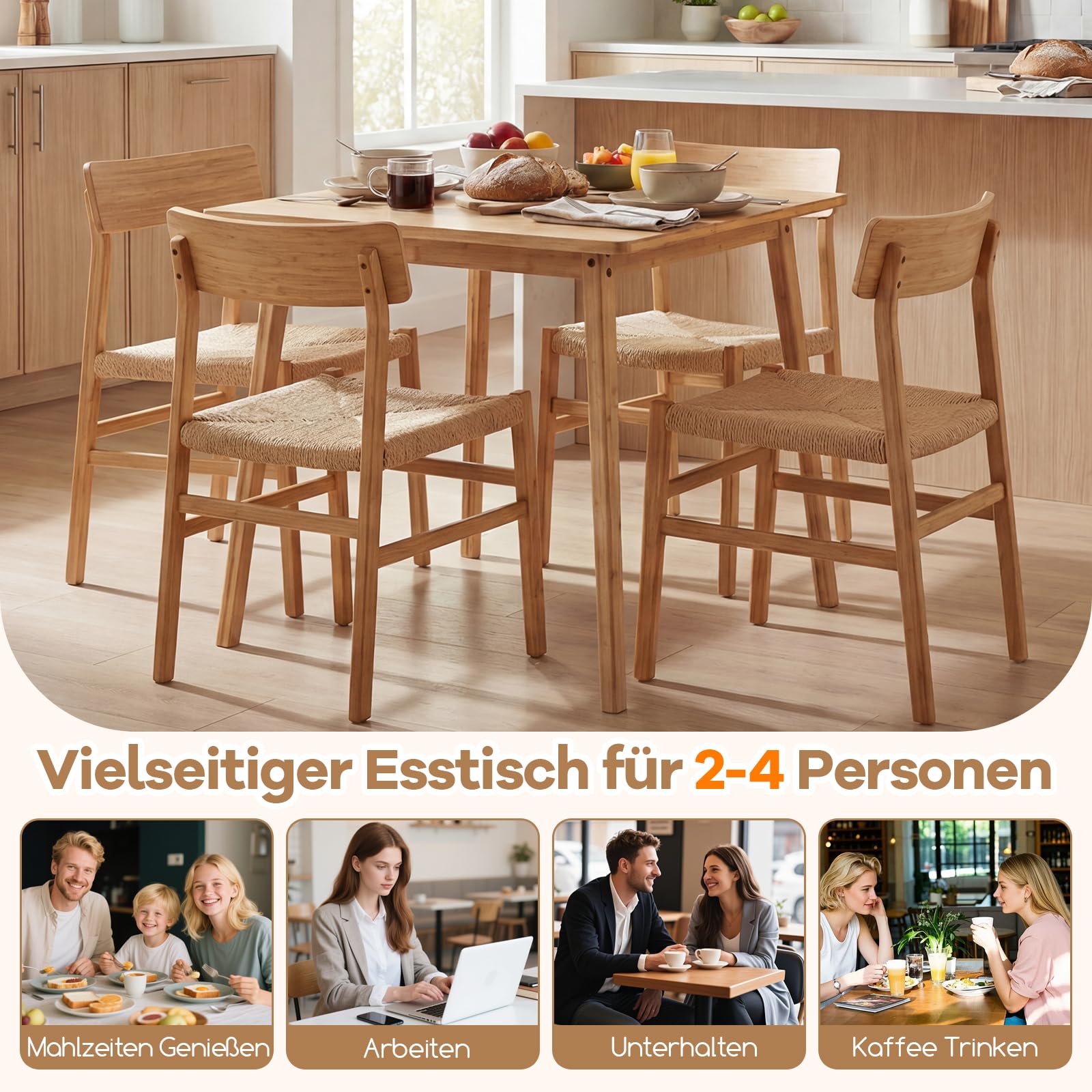 COSTWAY Esstisch 70x70 cm, Küchentisch aus Bambus, quadratischer Holztisch, Esszimmertisch für 2-4 Personen, für Esszimmer, Küche, Natur