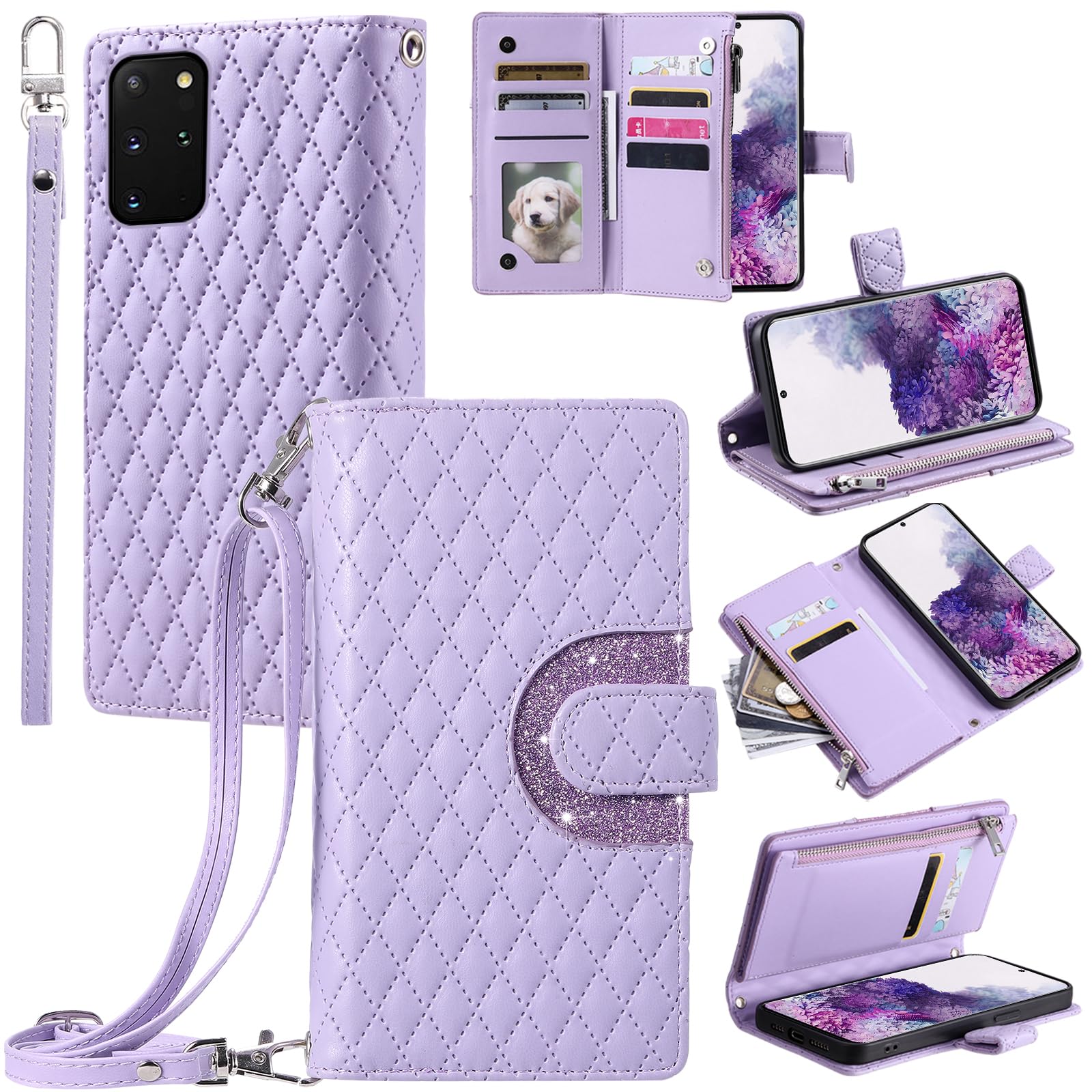 Furill Phone Case for Samsung Galaxy S20 Plus S20+ 5G Wallet Cover with and Crossbody Wrist Strap Shoulder Strap 9+ Card Slots Zipper Purse Leather