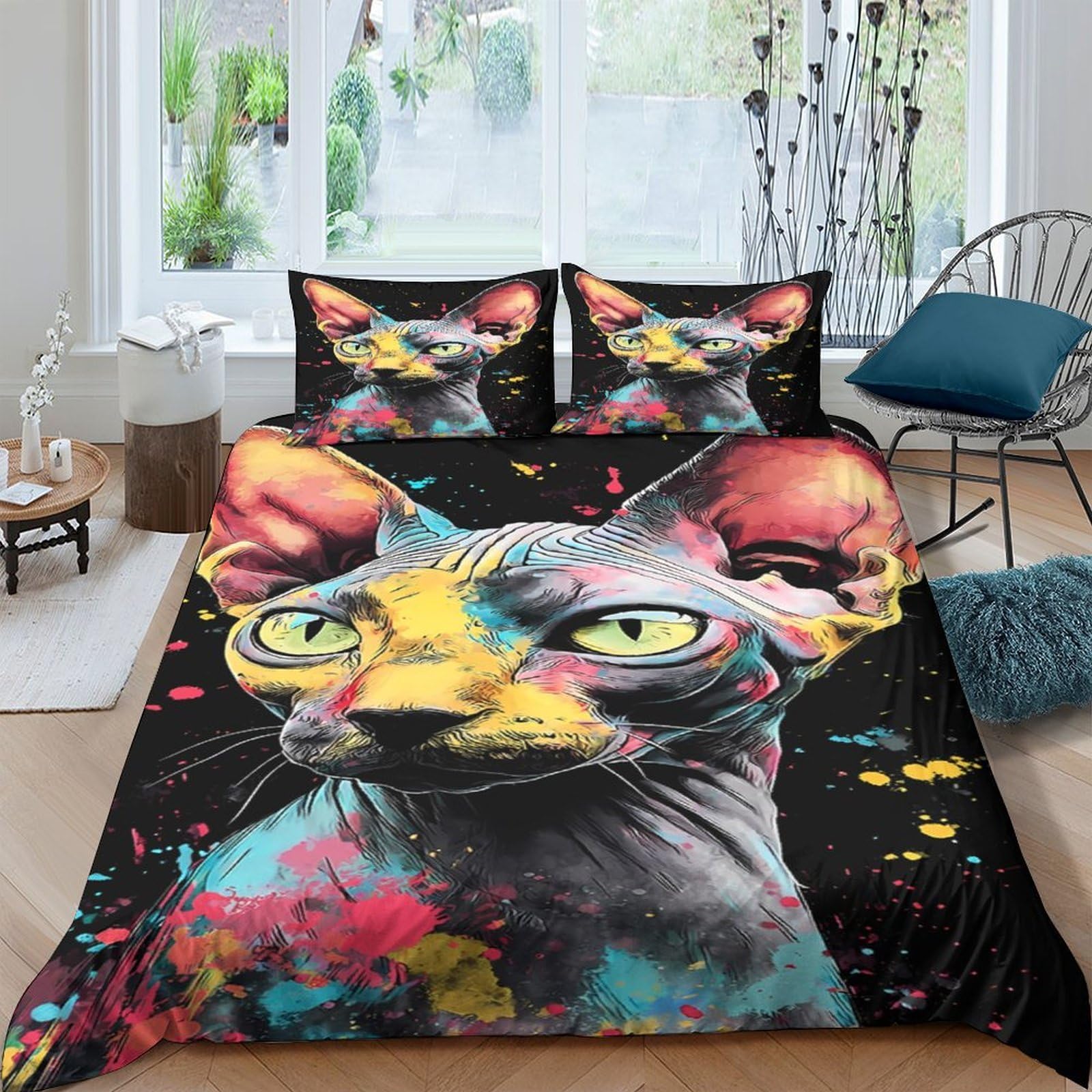 Ctjqhvkz Style-10 3D Printed Colorful Sphynx Cat Fitted Sheet Microfiber Soft Non-Slip Artistic Bed Sheet For Bedroom Living Room Decor Single（135X200cm）