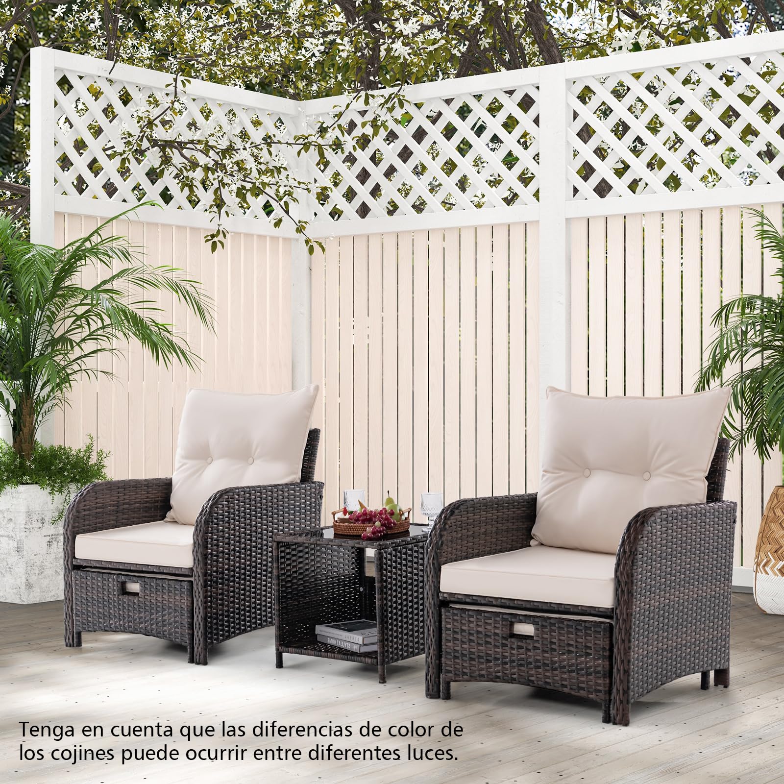 GYMAX Conjunto de Muebles de Jardín de Ratán 5 Piezas, Muebles Jardin Exterior con Cojines, 2 Sillones 2 Otomanas y Mesa Baja en Vidrio Templado, para Cojines, Jardín Patio Piscina, Beige