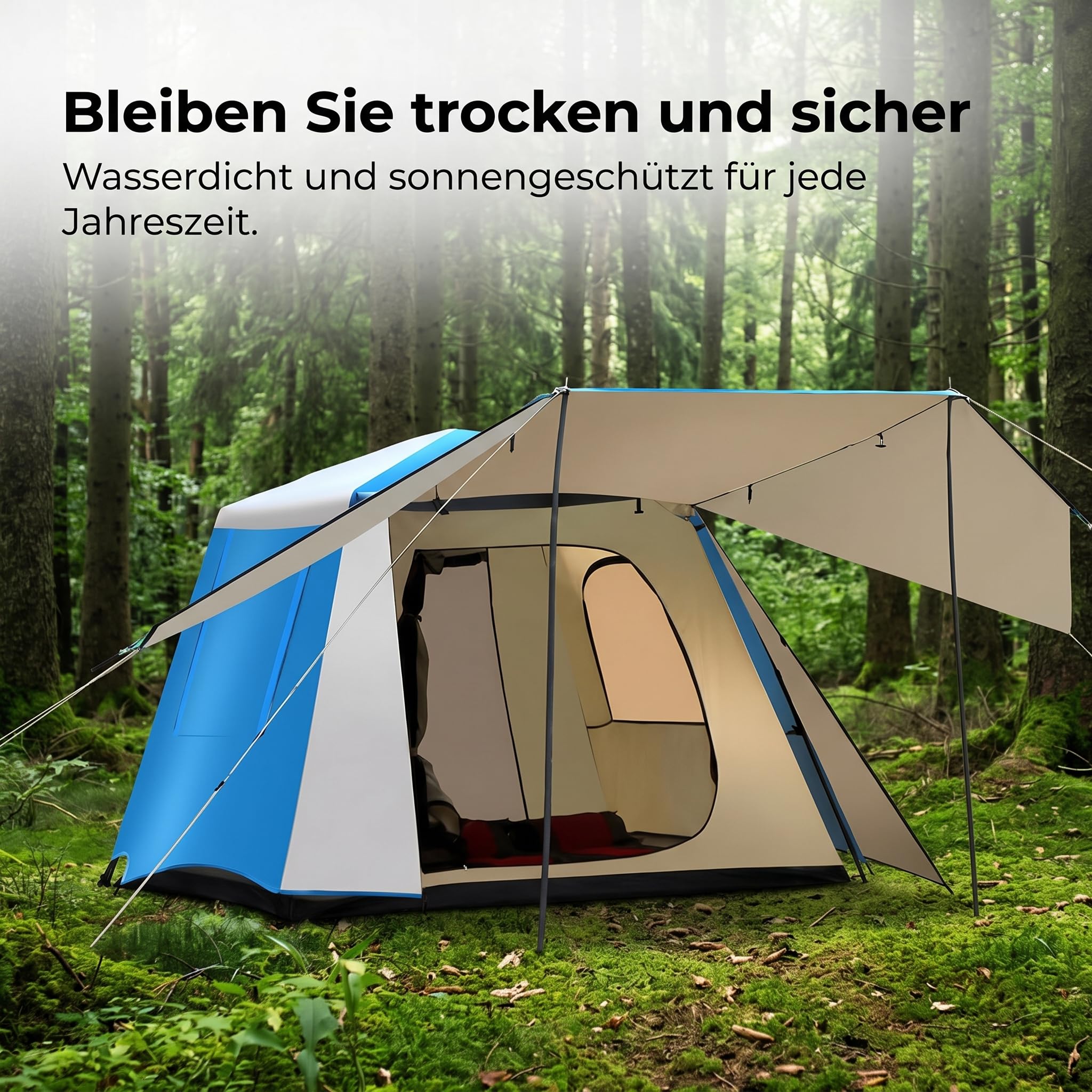 Zelt für 3-4 Personen – Wasserdichtes Familienzelt mit Automatischem Schnell, Gitter Blau vergrößerte Version, Schmetterlingsform, automatisch, große Version, Blau