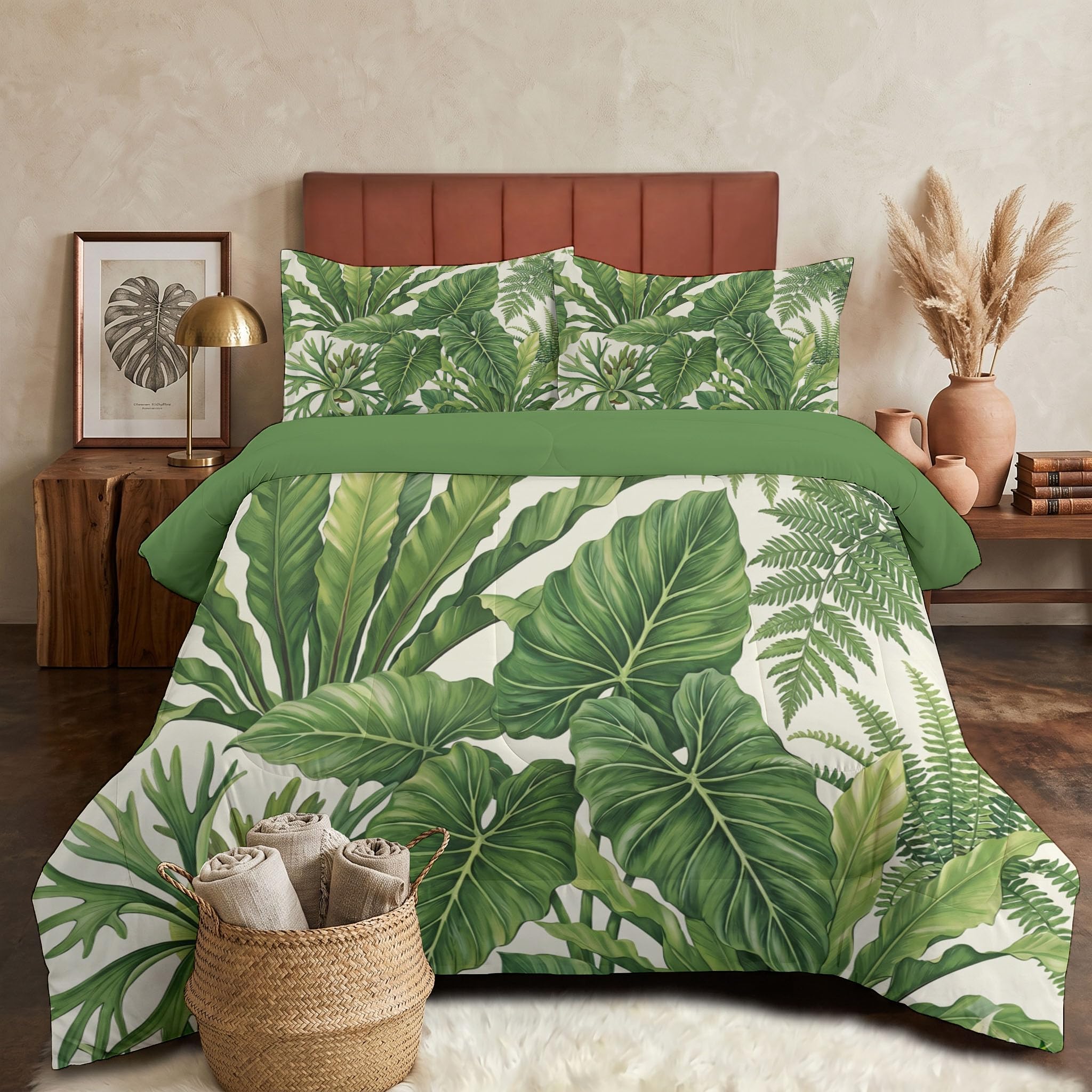 Piumone 2-In-1 Letto Singolo 140X200 Cm Poster Di Piante Naturali | Trapunta E Piumino Reversibile 4 Stagioni, Felci Foglie, Copriletto Lavabile Morbido Leggero, Verde Salvia