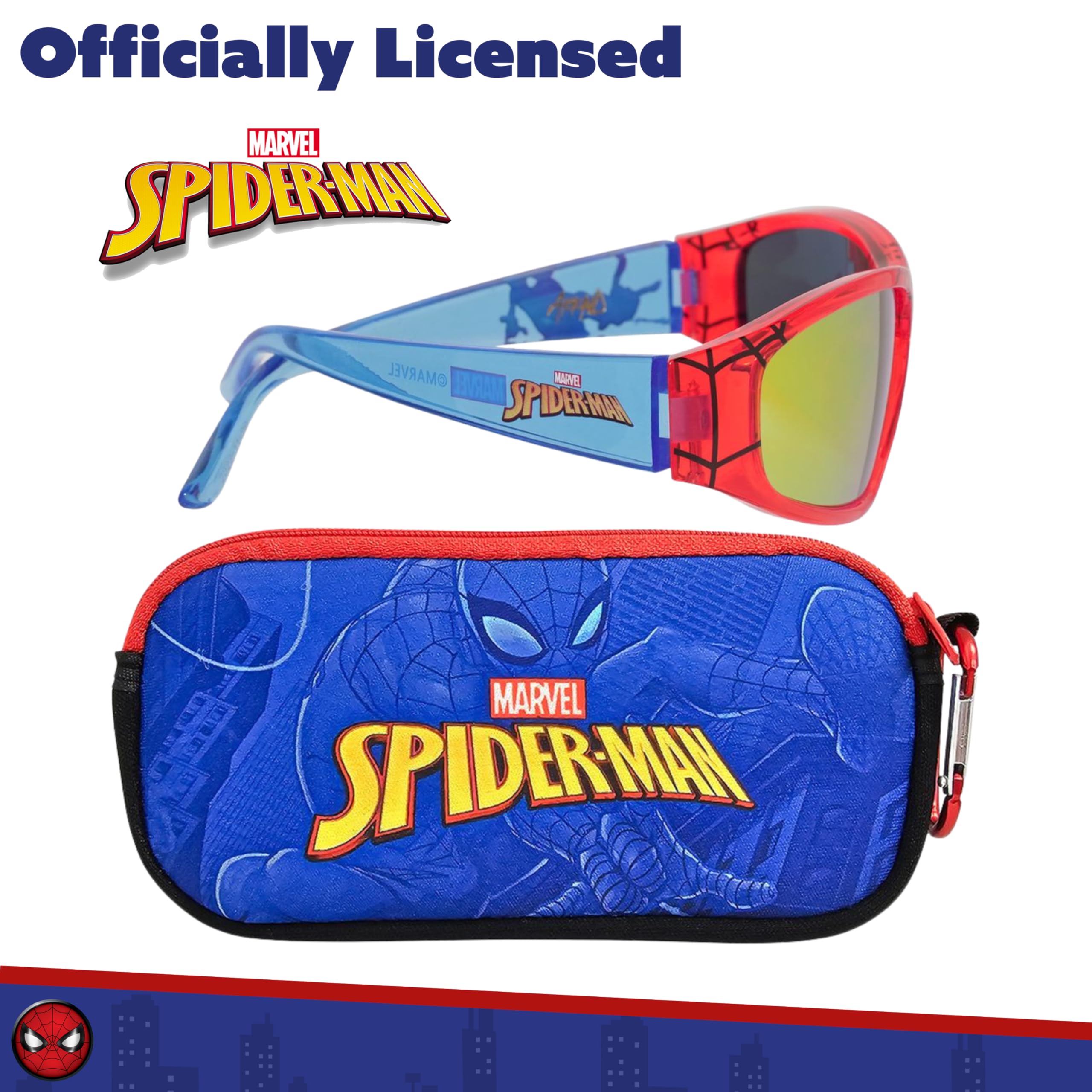 Arkaid Gafas de sol Spider-Man con funda, juego de accesorios oficiales de Marvel, lentes UV 400 seguras con funda protectora con cremallera para niños