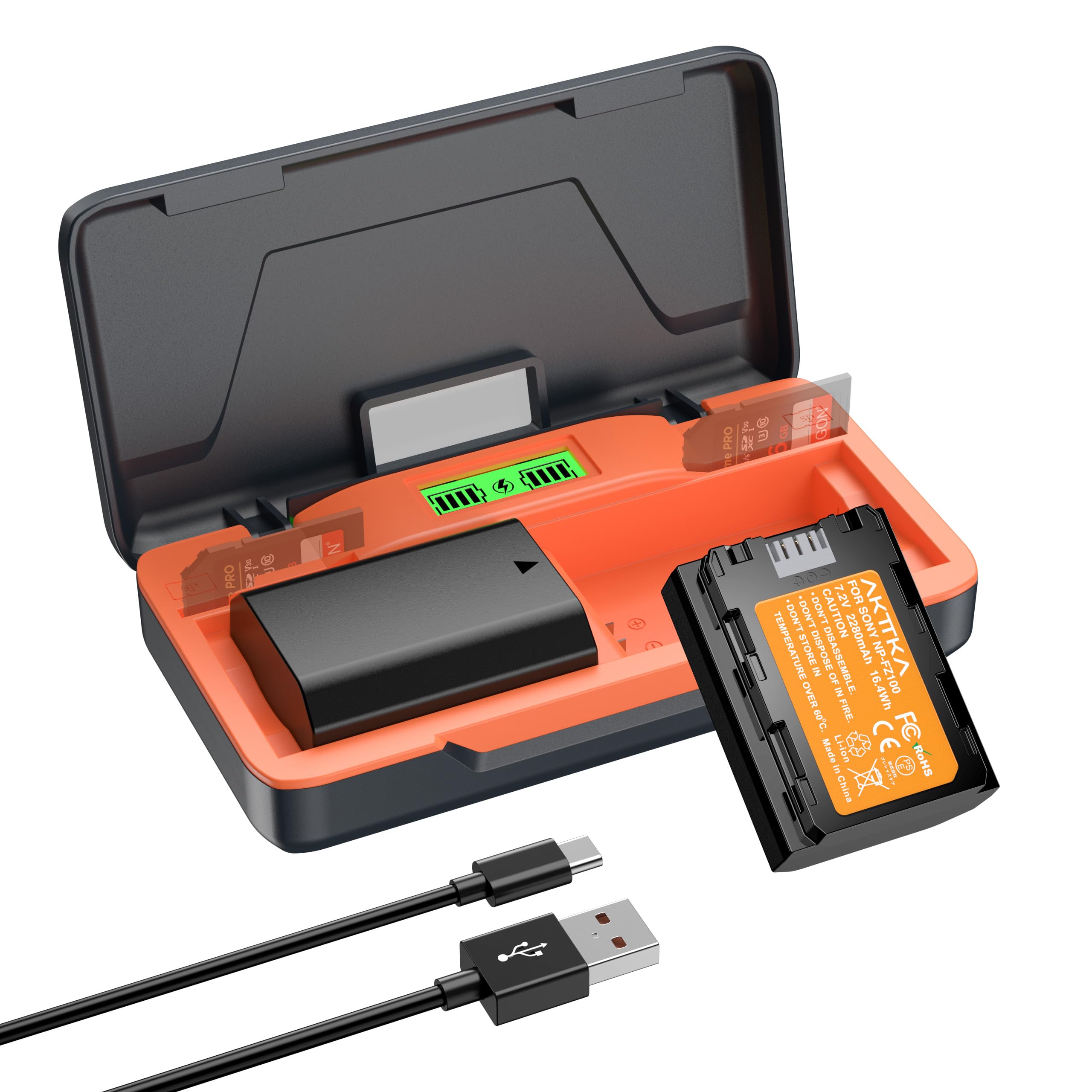 NP-FZ100 Batería 2280mAh (2 Unidades) – Cargador Rápido 20W con Almacenamiento para Sony A7iii, A7iv, A7C, A6700, A6600, ZV-E1, ZV-E10ii, FX3, FX30, A9, A9S, A7R3, A7R4,Pantalla LCD Y SD