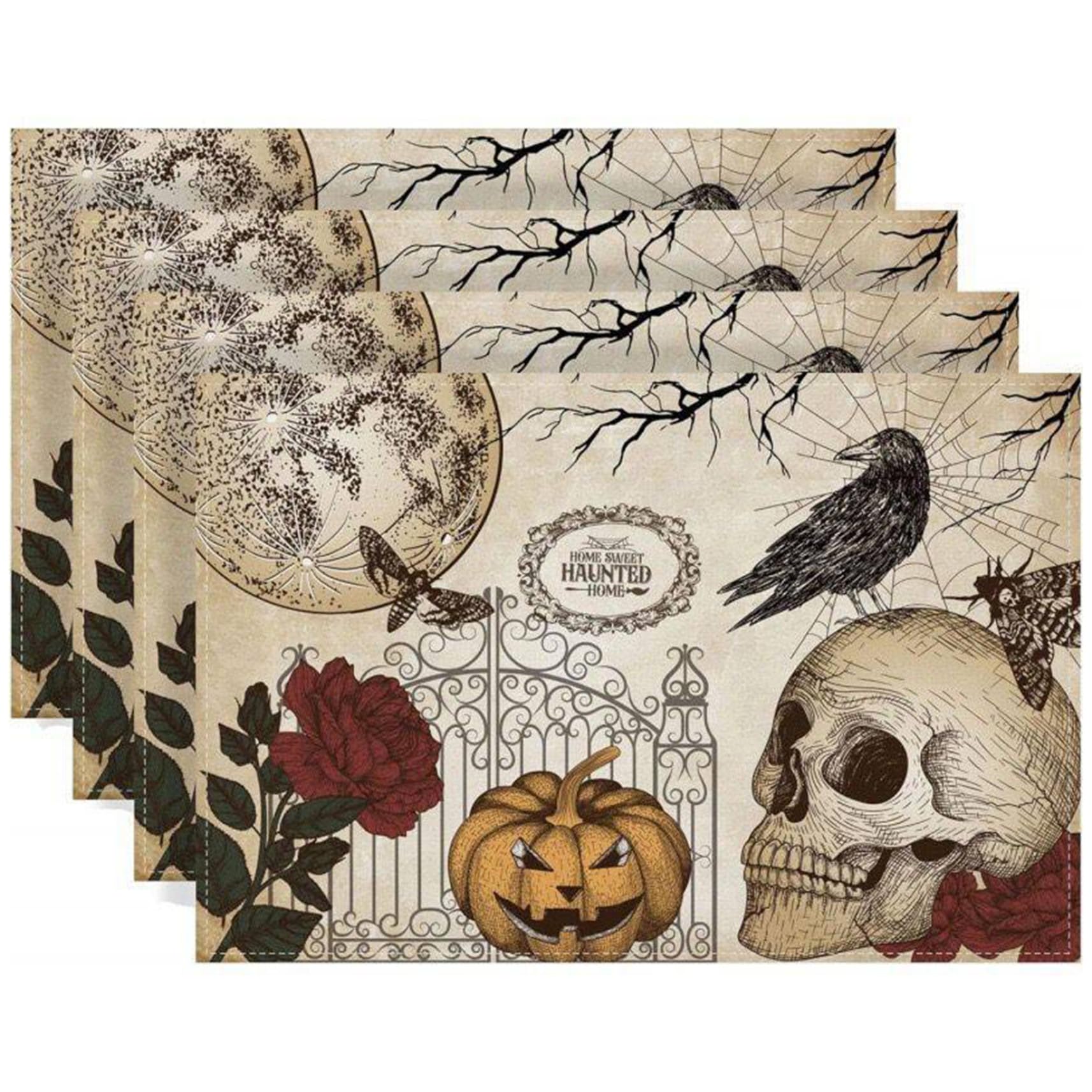 Goutdori Set of 4 Halloween Placemats 18x12in, Spooky Skull Pumpkin Crow Rose Linen Table Mats for Dining Decor