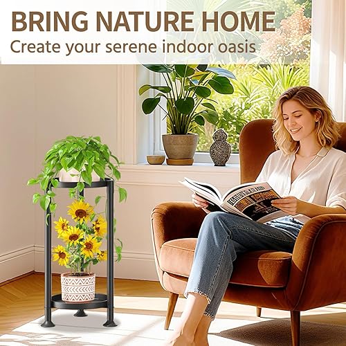 Miniatura 8 de LASZOLA Soporte de esquina negro de 2 niveles para plantas de interior para flores grandes y altas, soporte vertical de metal resistente para patio,