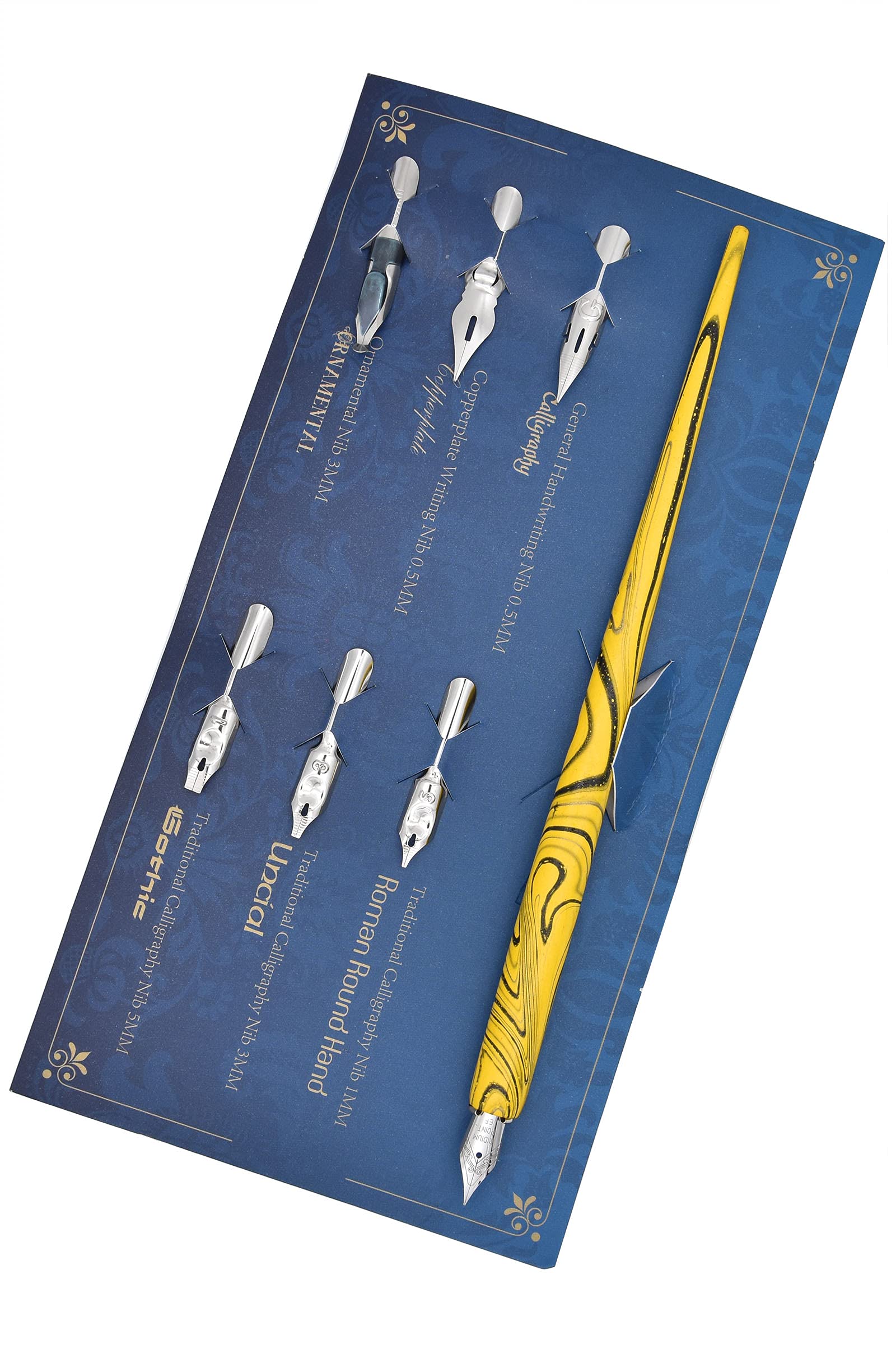 Gullor Wooden Dip Pen Calligraphy Set with Black Ink & 6 Nibs for Beginners, Kids, Writing, Signatures and Drawing, Yellow