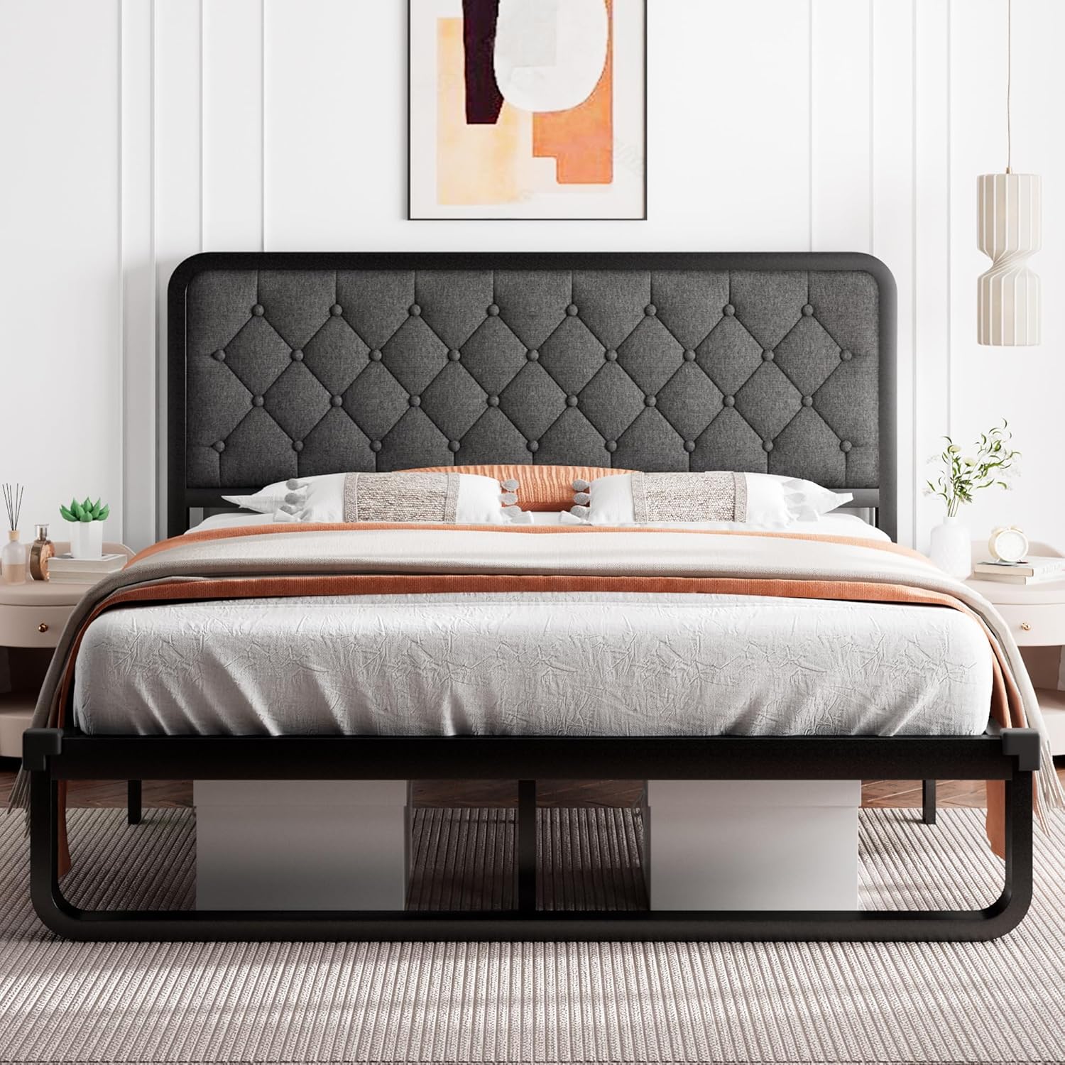 iPormis Full Size Metal Bed Frame with Linen Upholstered
