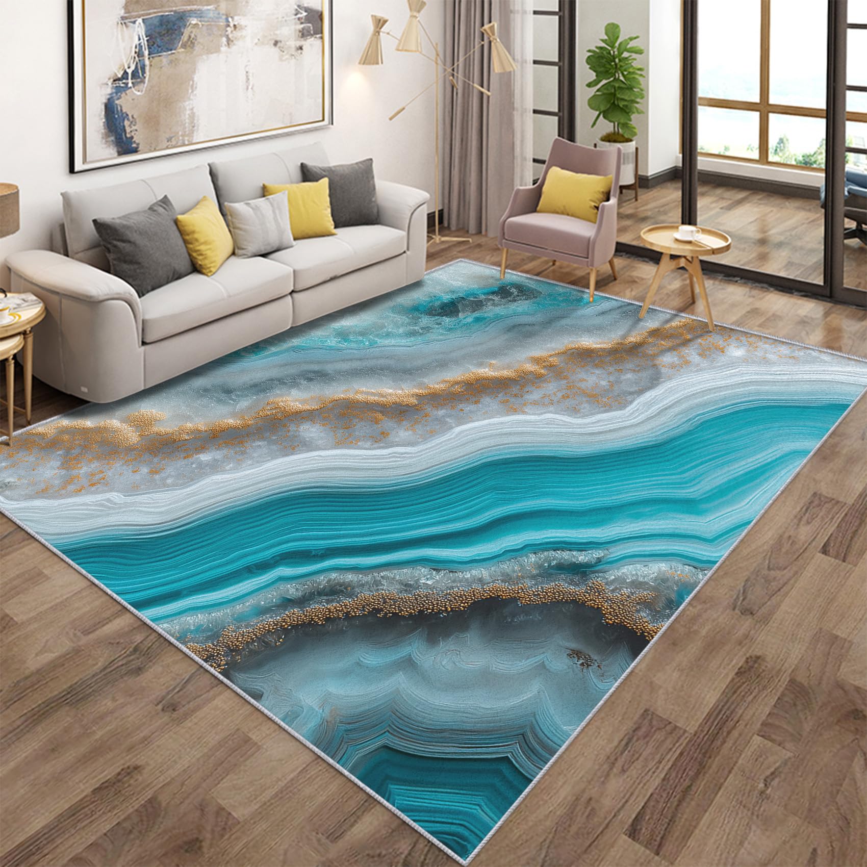 Blau Marmor Teppich 120x170 cm - Weicher Kurzflor Schlafzimmer & Wohnzimmer Teppich mit Fluid Art Design Antirutsch Flanell Modernes Treibsand-Muster für Elegante Deko