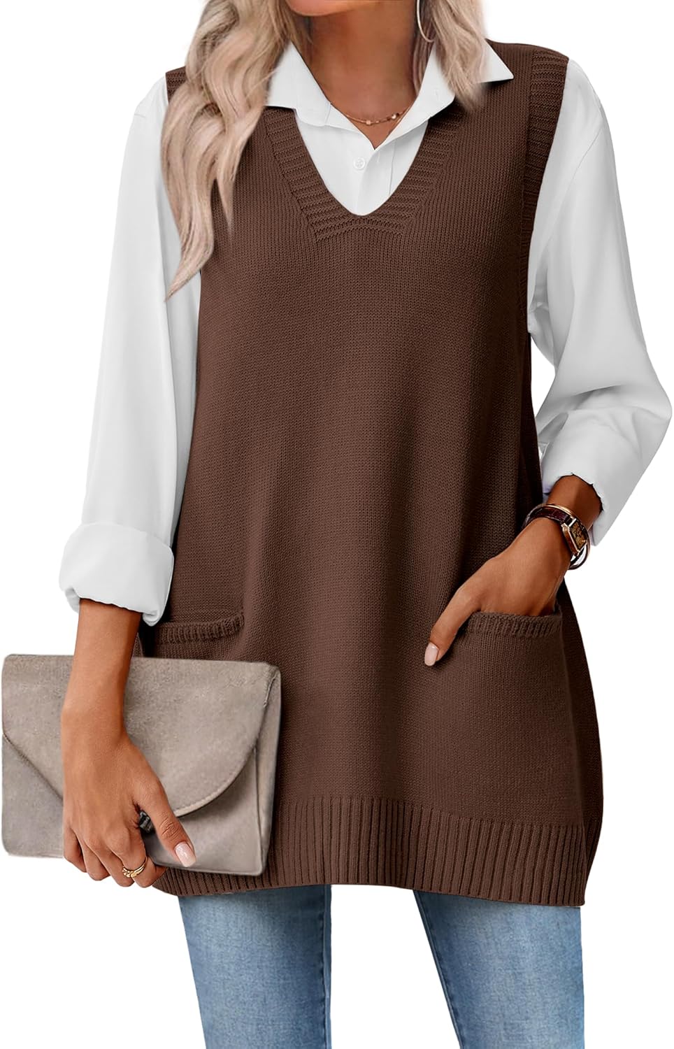 Zeagoo Women's Sweater Vest 2025 Oversized Sleeveless V Neck Pullovers with Pocket Knitted Fall Outfits