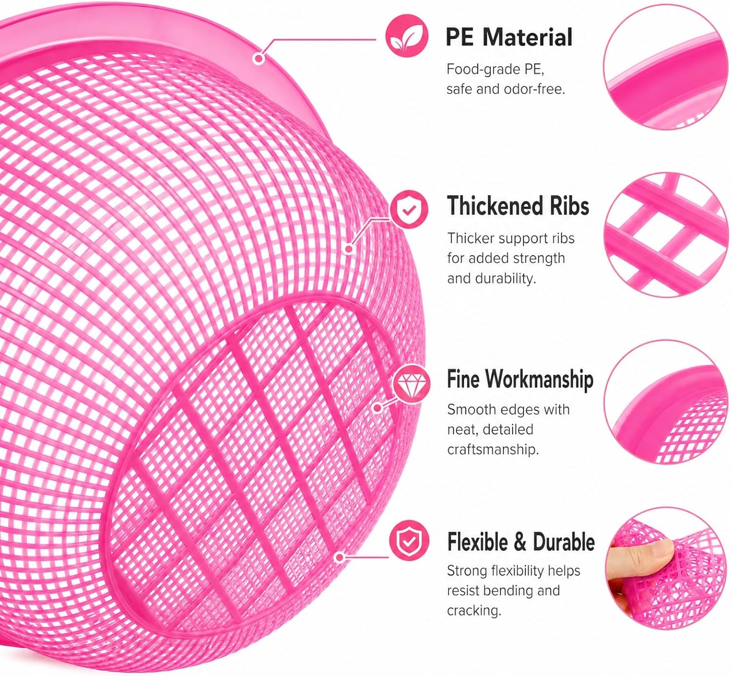 8 Pieces Plastic Wash Basket, Round Fruit Perforated Strainer for Kitchen, Essentials Kitchen Tool Large Food Strainer Basket for Vegetables, Cooked Pasta, Red, Blue, Green, Pink