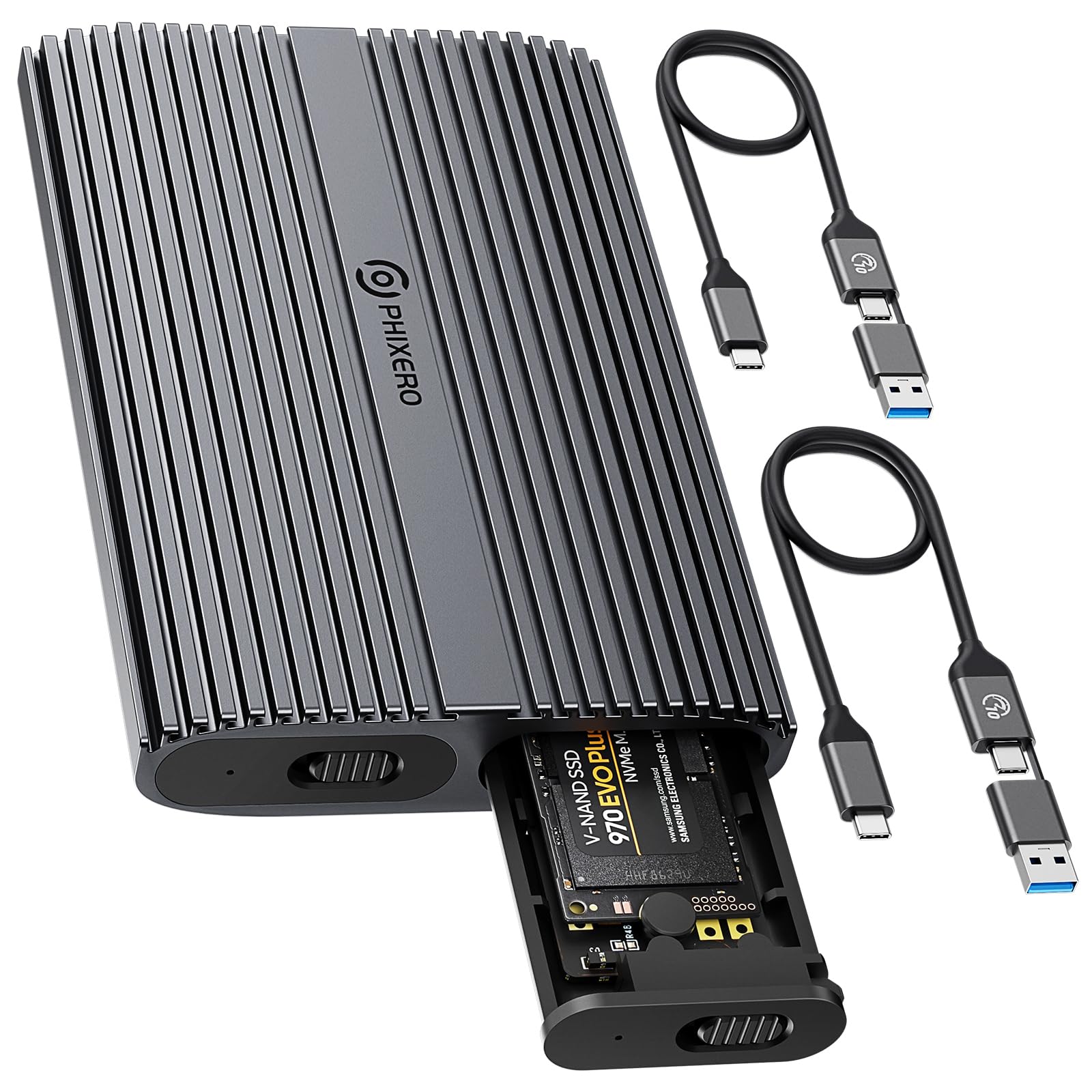 PHIXERODual M.2 NVMe Enclosure Tool-Free 10Gbps USB 3.2 Gen 2 NVMe Enclosure Aluminum SSD Enclosure for M.2 PCIe NVMe M-Key/B+M Key 2280/2260/2242/2230 SSD. Support UASP Trim, Up to 4TB