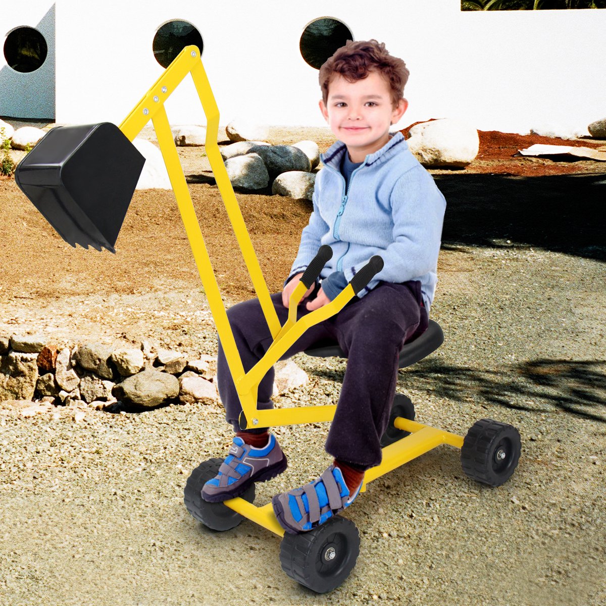 COSTWAY Pelle à Sable Excavateur Enfants avec Siège Rotatif 360 °, Pelleteuse Excavatrice Manuelle avec Cadre Métal, Jouet Extérieur pour Sable Terre Neige, Charge 50kg pour 3 Ans+