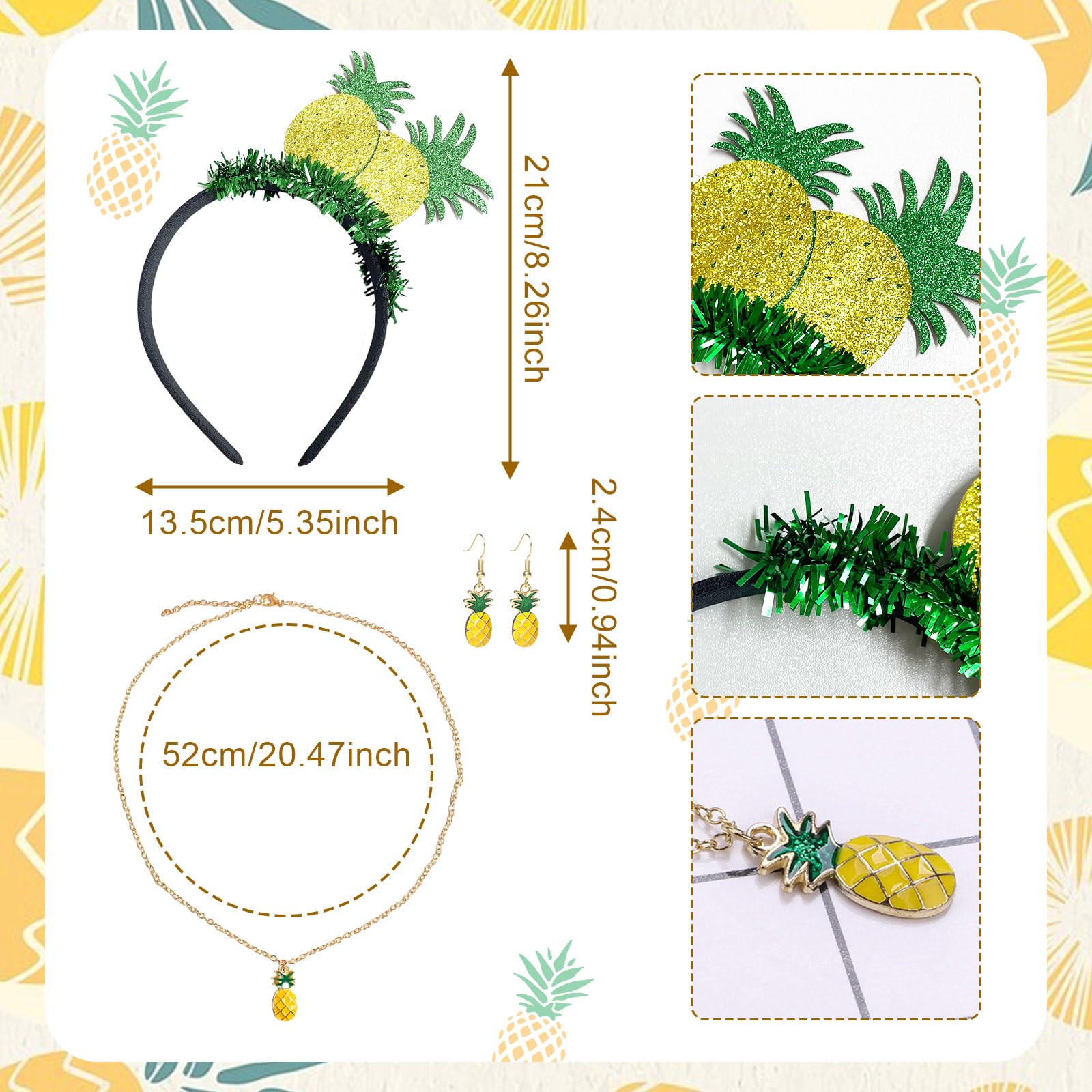 XNIVUIS 7 Pcs Pineapple Costume Set, Hawaiian Fancy Dress Set, Pineapple Crown, Glasses, Earrings, Necklace, Fishnet Gloves - Image 2