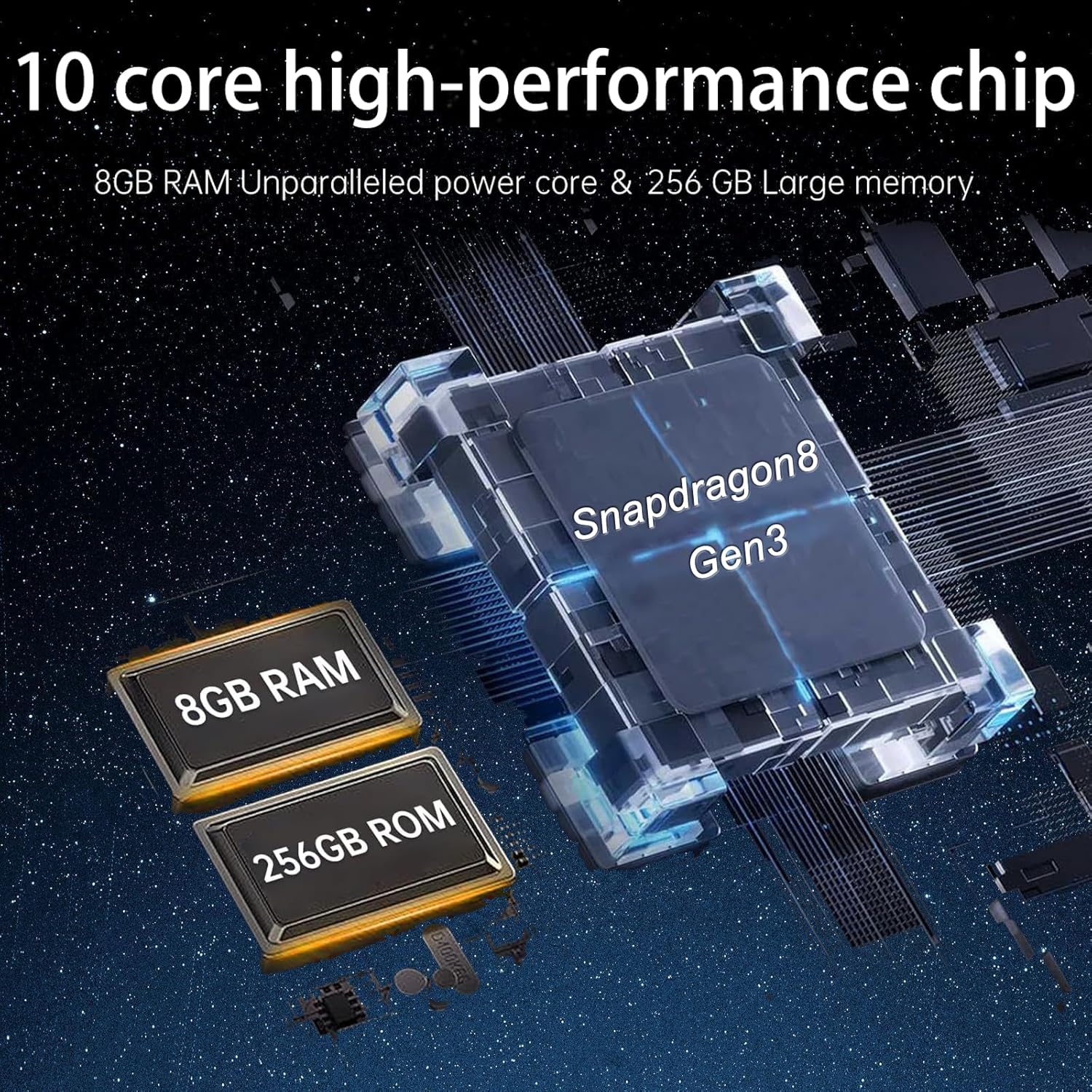 Jopuzia G25 Ultra internal components showing Snapdragon 8 Gen 3 chip, 8GB RAM, and 256GB ROM