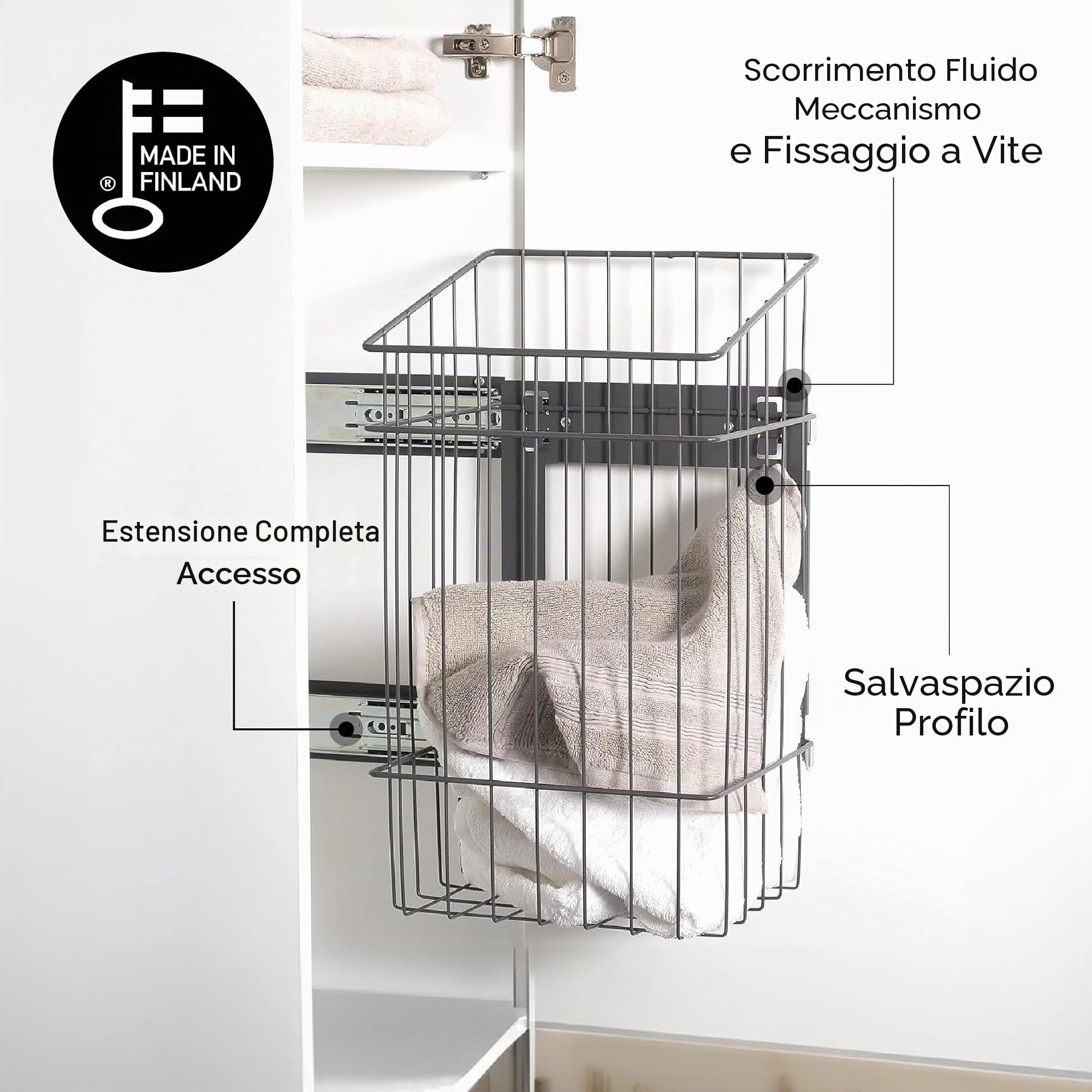 LM 683 - Cesto portabiancheria per armadio, sottile e alto allungabile con binari, organizer per la biancheria da installare in un armadio, armadietto, armadio, grigio antracite