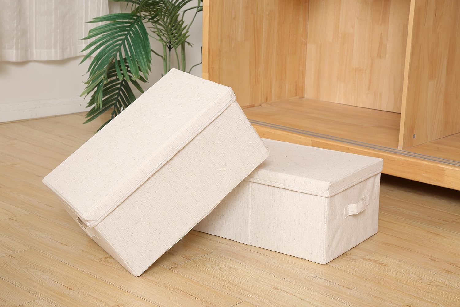 Vailando Storage Bin 2 Pack, Large Storage Bins with Lids, Decorative Storage Boxes Fabric Cotton Linen Collapsible Basket for Bedroom Closet Shelves Office Nursery (Beige)