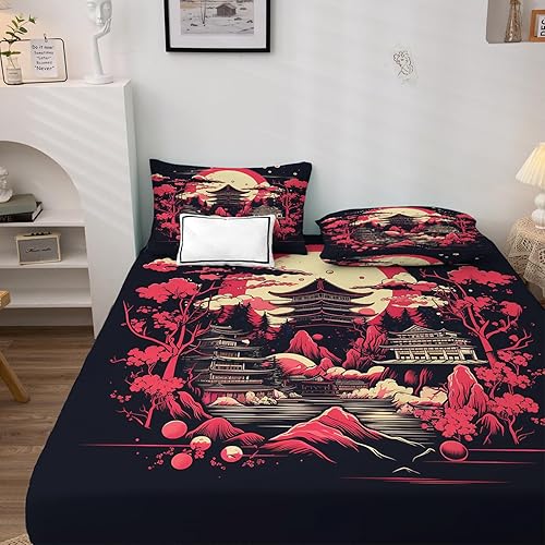 Miniatura 3 de Sábanas japonesas tamaño King  Sábanas de cama de estilo asiático, microfibra suave y bolsillo profundo, sábanas y fundas de almohada estampadas sin