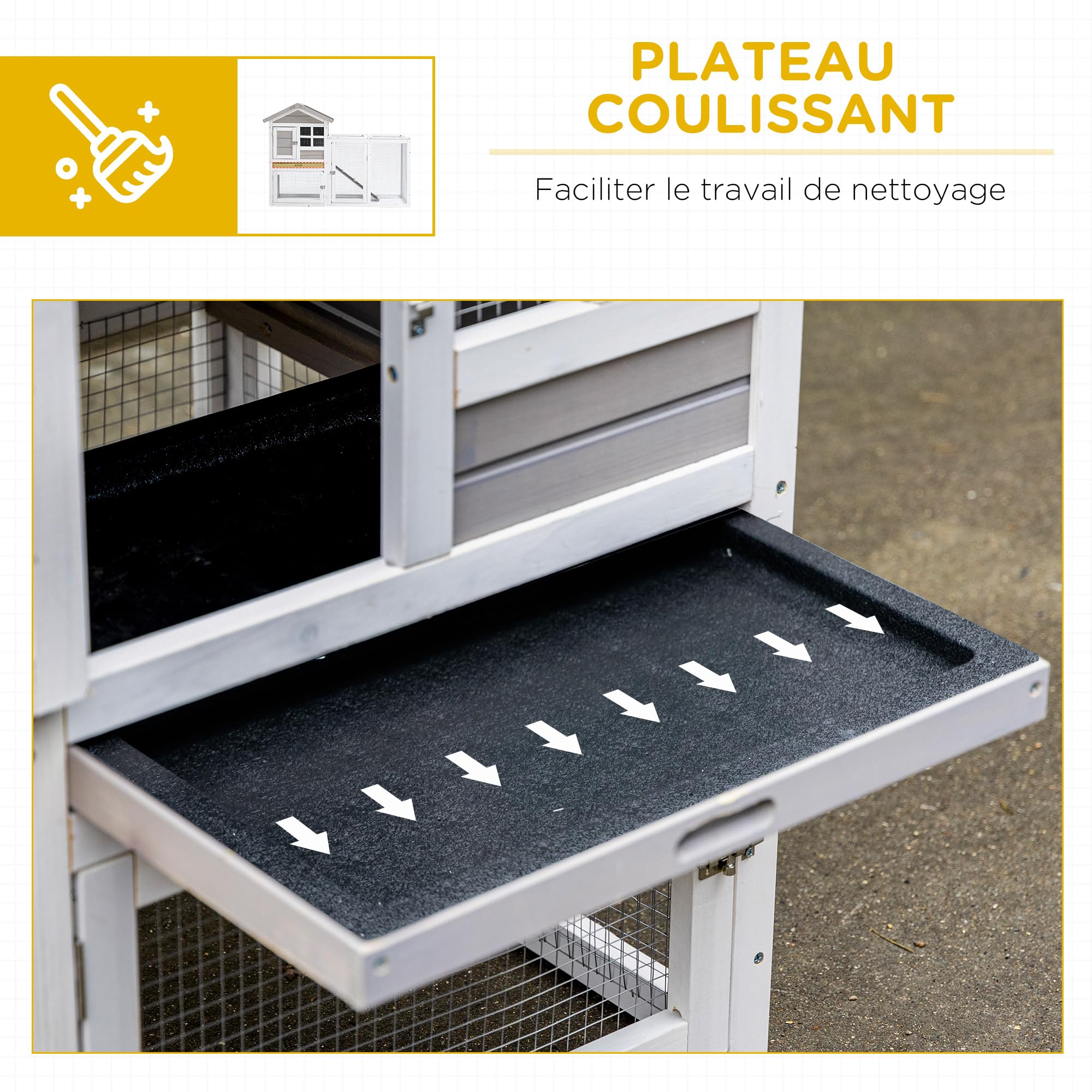 PawHut Kaninchenstall Kaninchenstall Cottage - obere Nische mit Rampe und Freilaufgehege - Schiebeboden, Bitumendach, 4 verschließbare Türen - ABM. 128L x 64l x 92H cm Tannenholz weiß grau