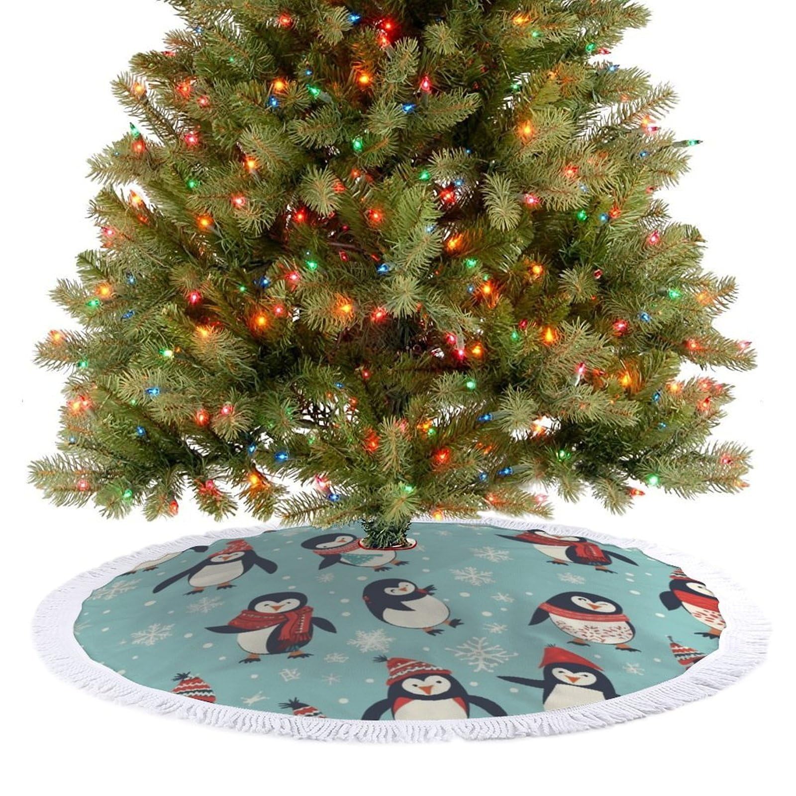 Winter Christmas Penguins Christmas Tree Skirt 36"x36" Rustic Xmas Tree Mat with Tassel Ornament Christmas Trees Cover Skirt Mat for Evergreen Trees Ornament Winter Holiday Mats Decorations