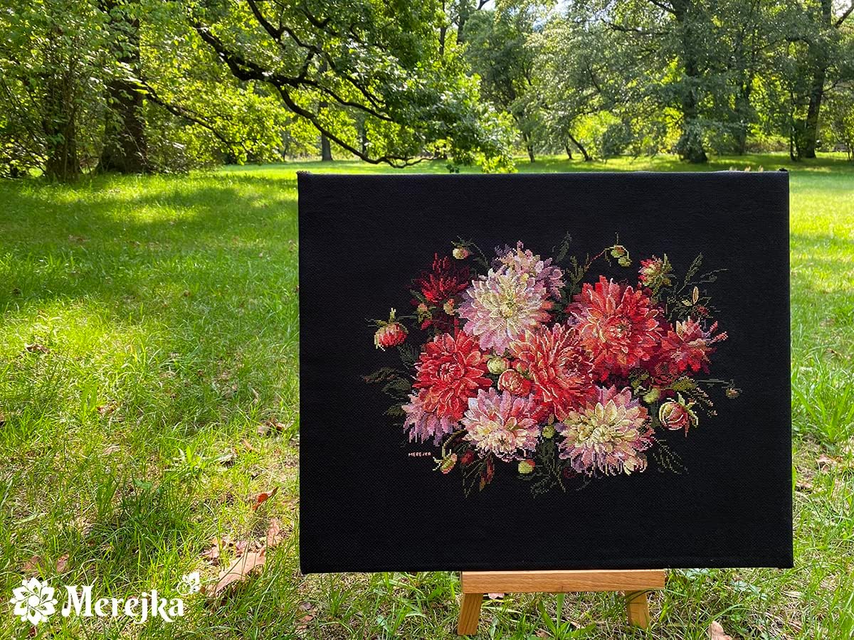 Merejka K-219 Dahlias Counted Cross Stitch Kit, Cotton, Multi-Colour, 30 x 40 cm