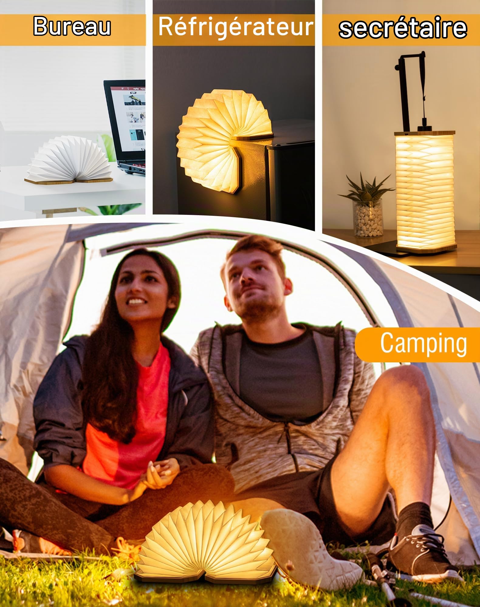 Lampe Accordéon Pliable Originale, Lampe de Bureau en Bois Portable, Lanterne en Papier LED avec USB pour Décoration Intérieure, Chambre et Bibliothèque (Bambou)