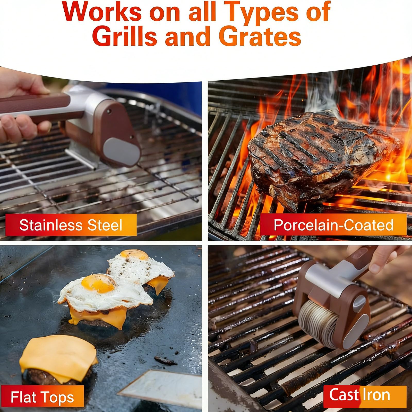 Spazzola elettrica per la pulizia della griglia, testa in acciaio inox senza setole, con luce LED, motore da 350 giri/min, strumento di pulizia ricaricabile per barbecue a gas in porcellana
