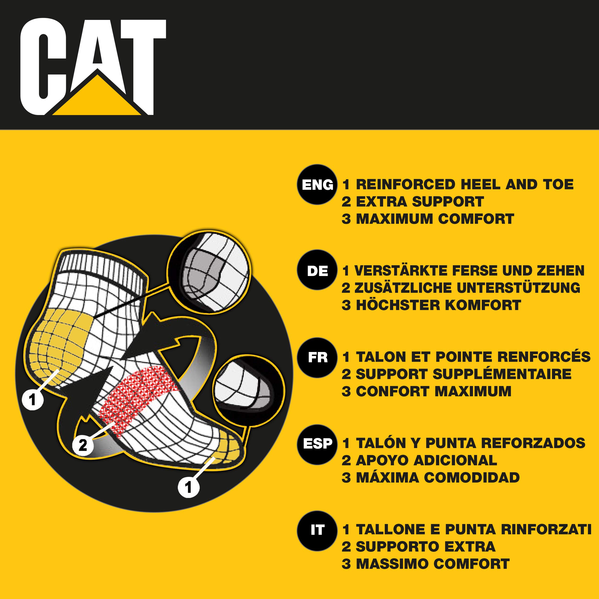 Caterpillar 6 Paia Calze Sneaker Lavoro - Punta Tallone Rinforzati - Supporto Arco Plantare - Cotone