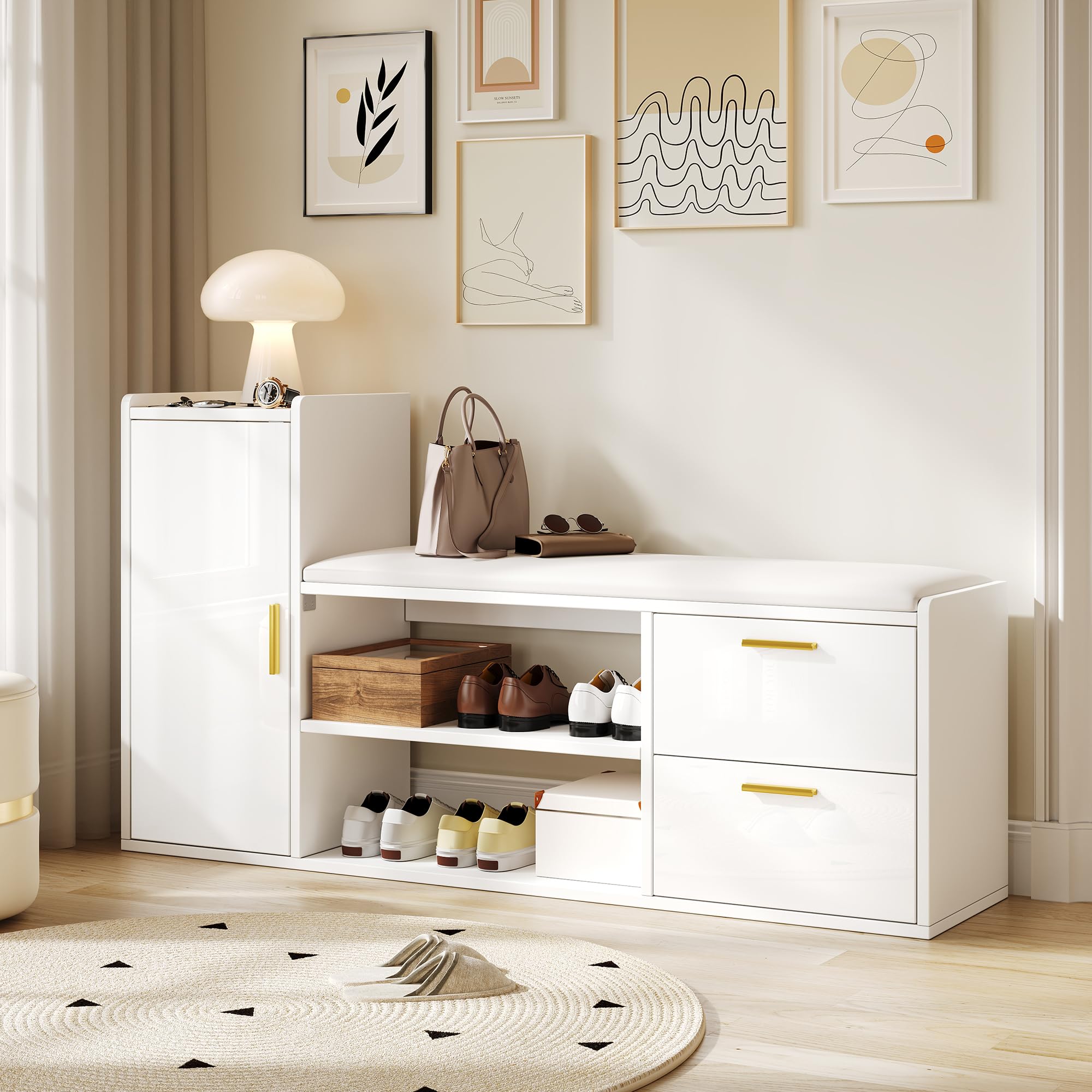 128 x 30 x 68 cm, zapatero con 2 cajones, 1 armario, bancos con acolchado y espacio de almacenamiento, adecuado para salón, pasillo, oficina, color blanco