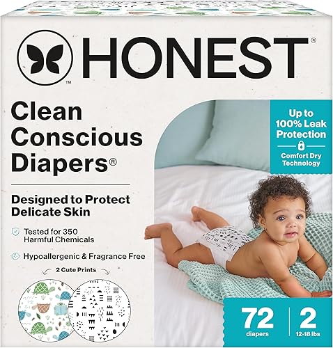 The Honest Company Pañales Clean Conscious A base de plantas, sostenibles Turtle Time + Dots & Dashes Club Box, tamaño 2 (12-18 libras), 72